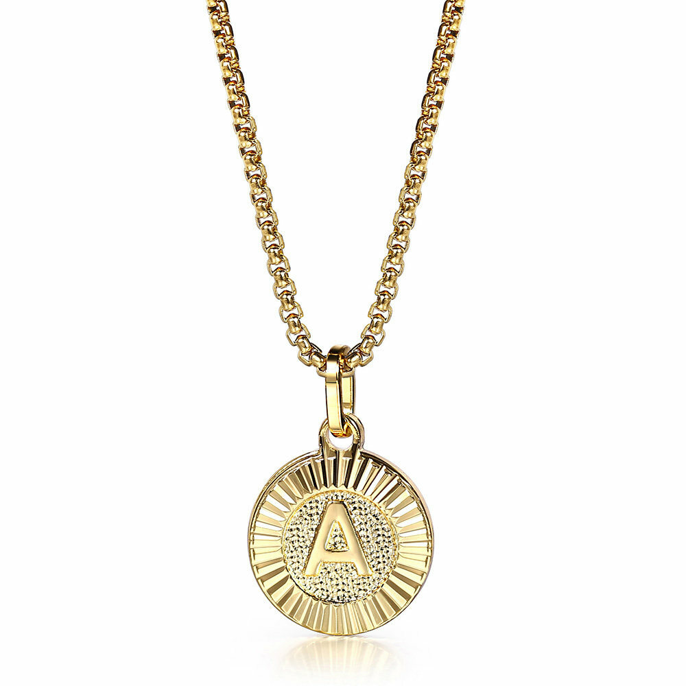 Round Gold Plated Initial Letter Necklace Pendant Stainless Steel 18/20/22″ Link