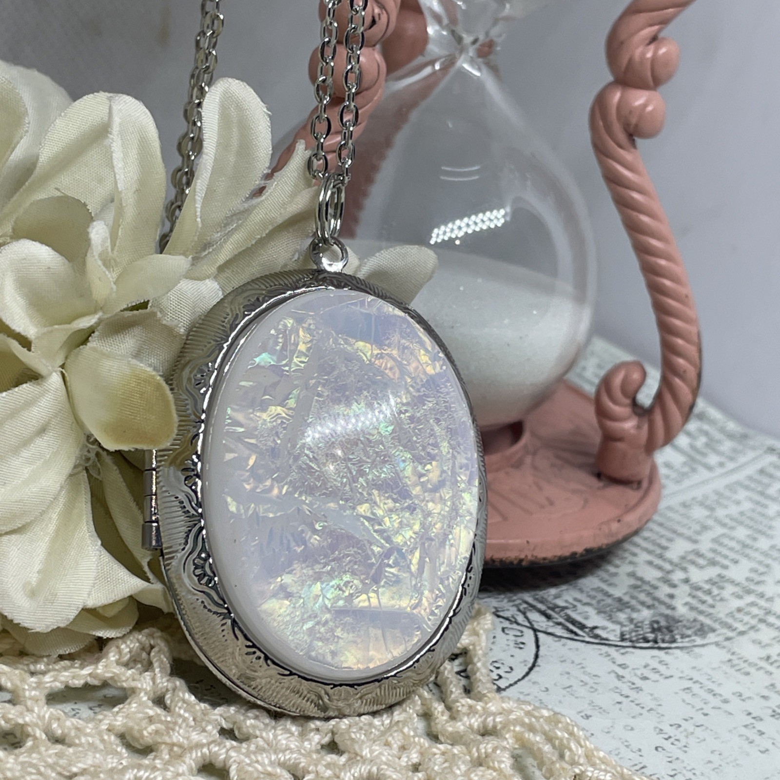 Silver New Photo Locket Opal Wedding Necklace Mom Daughter Birthday Anniversary