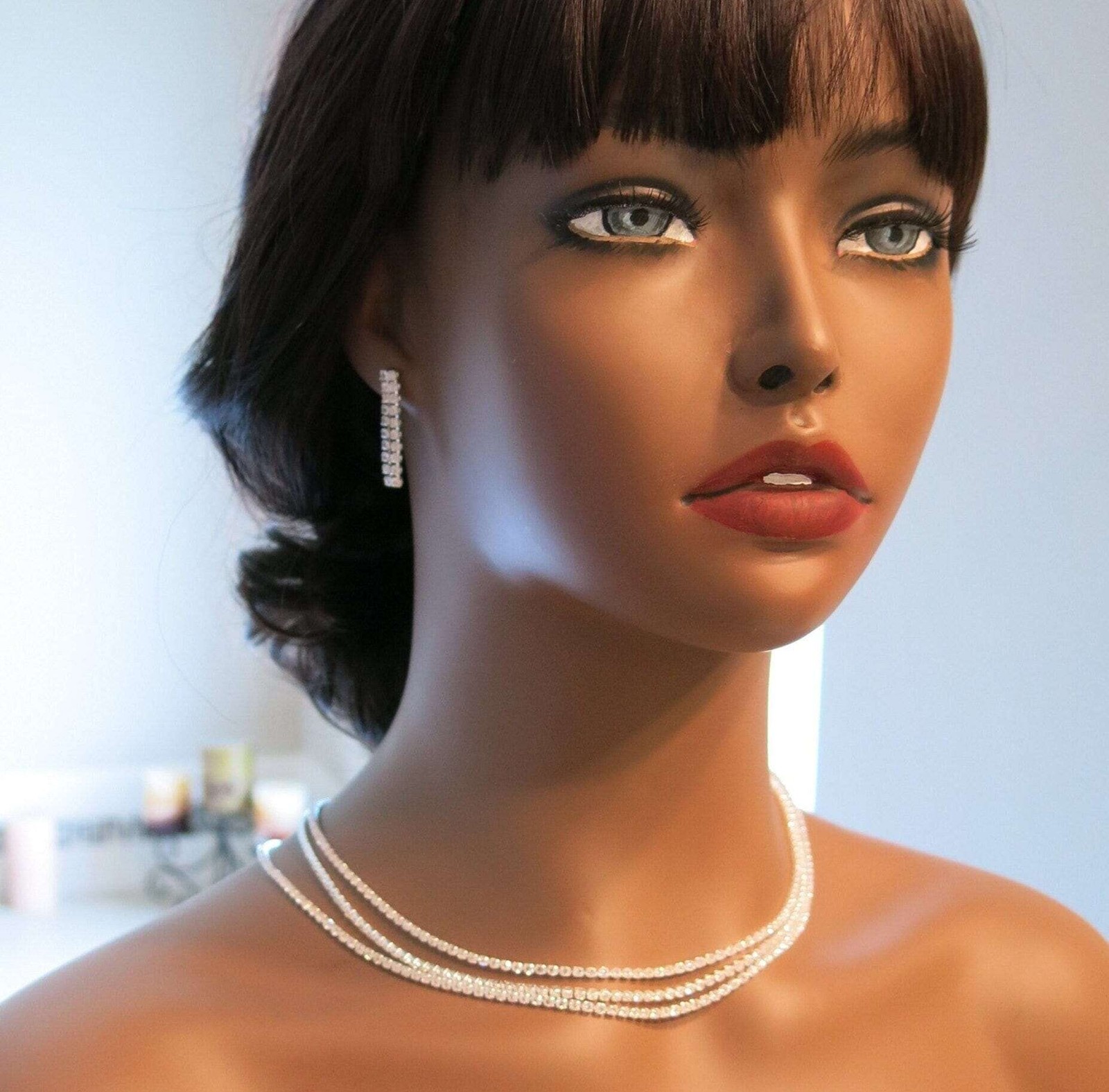 Bridal Rhinestone Crystal Multi Layer Necklace and Earrings 3 PC Jewelry Set