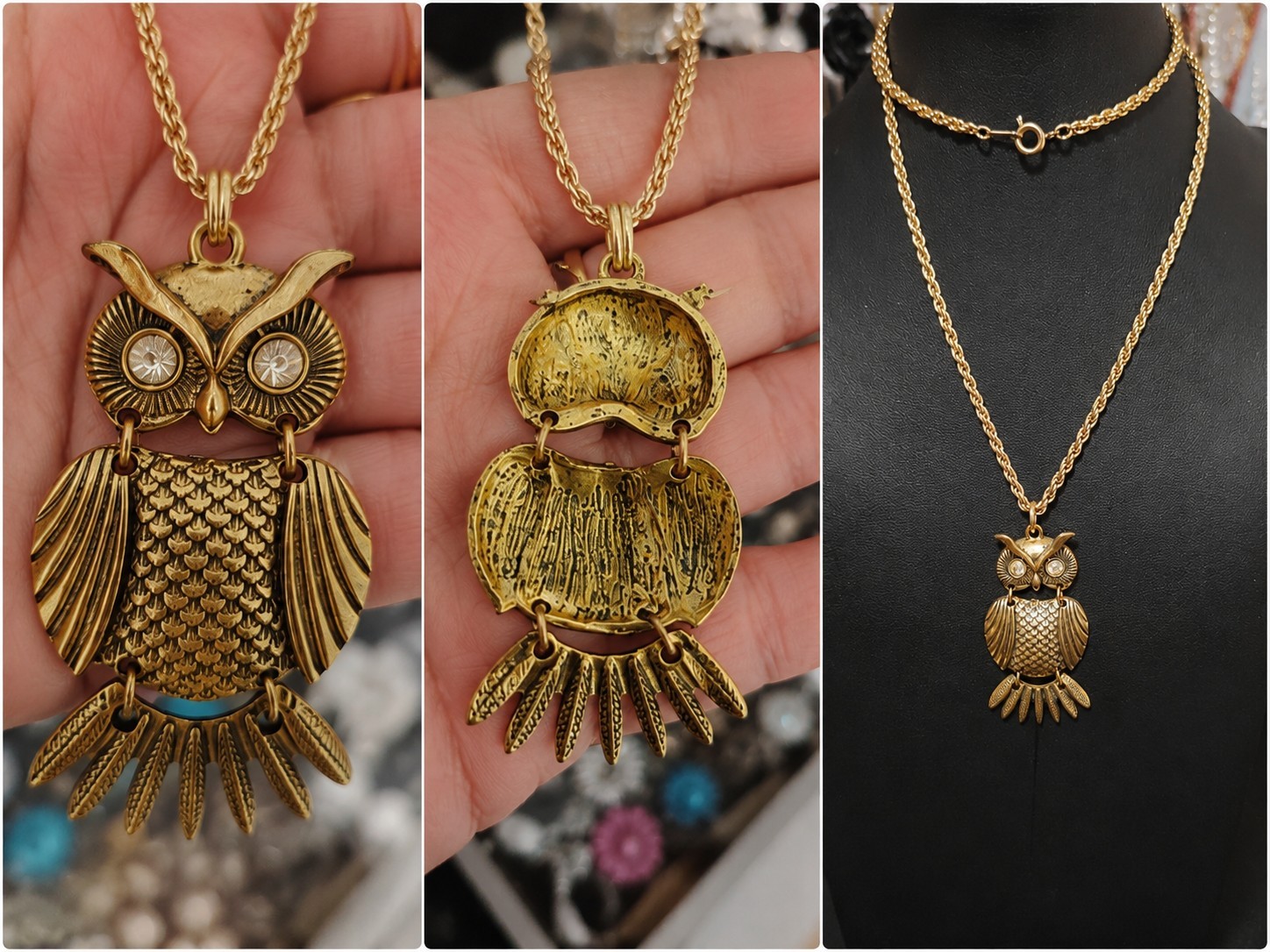 Gold Tone Articulated Owl Charm Pendant Necklace 24in Clear Rhinestone Eyes