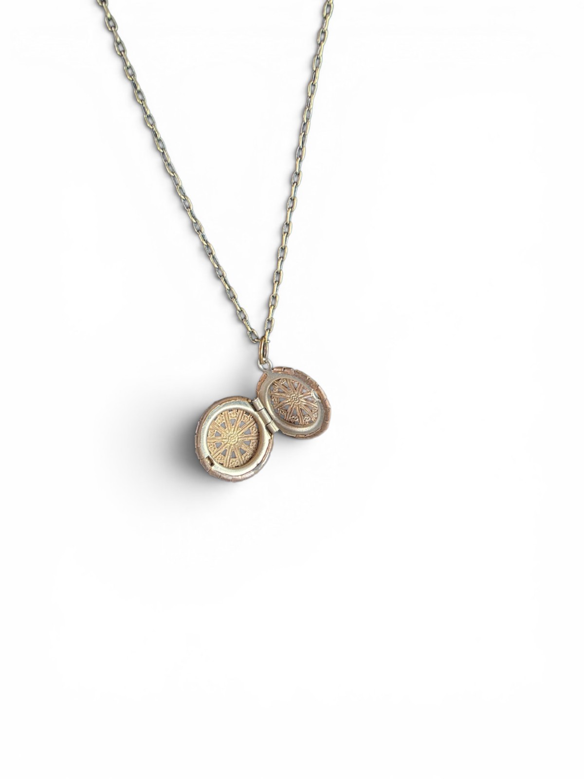 Tiny Vintage Locket Pendant Necklace, Gold & Silver Tone Metal Cable Chain