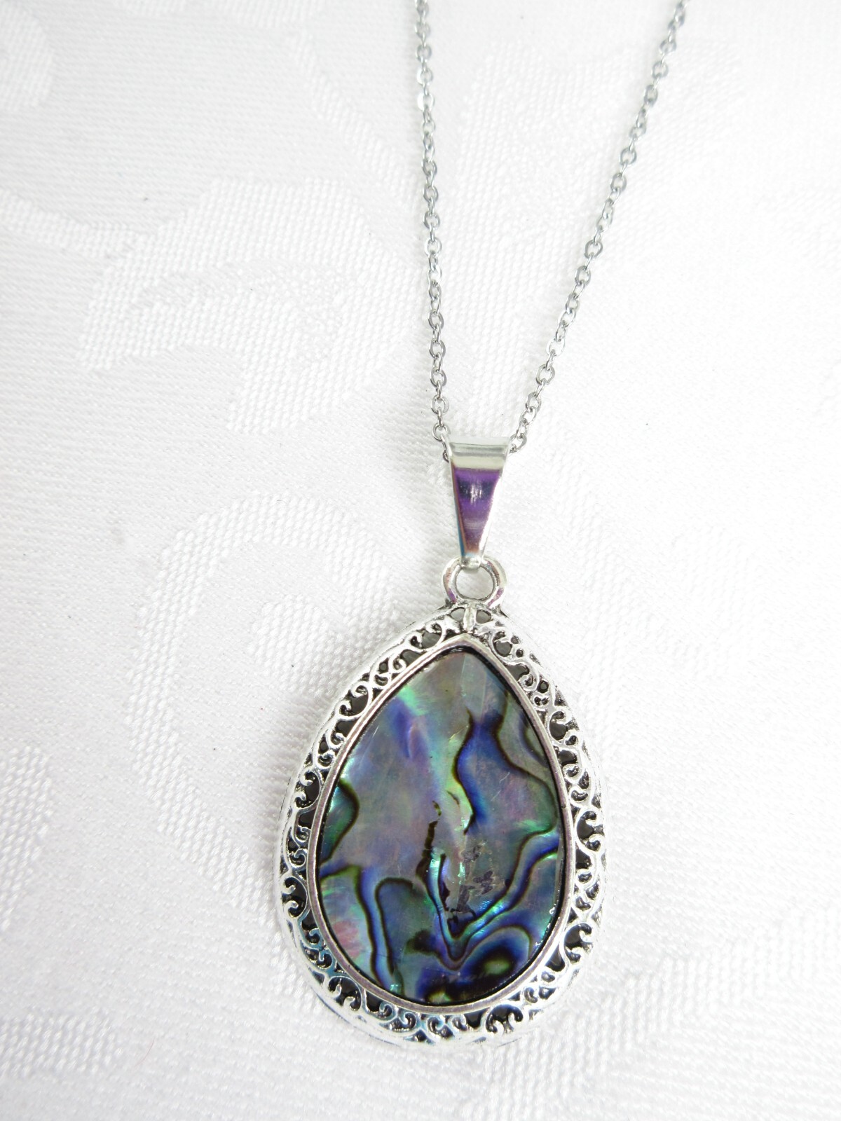 Abalone Shell Pendant Necklace Teardrop Silver Filigree Colorful Blue EXQUISITE