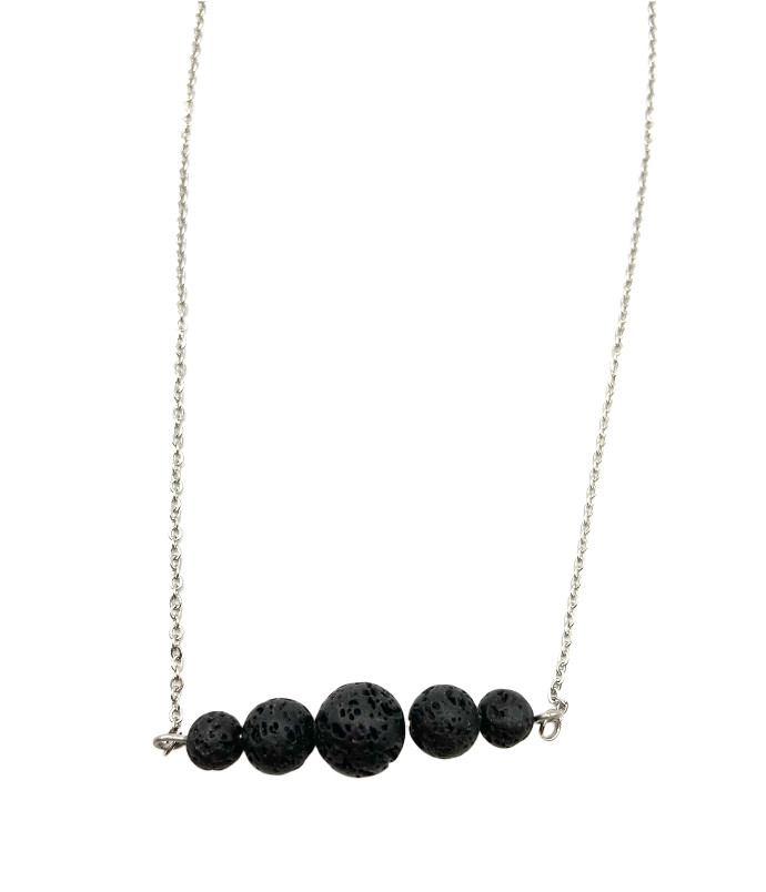 Black Round Nature Lava Rock Graduated Beads Aromatherapy Pendant Necklace 20″