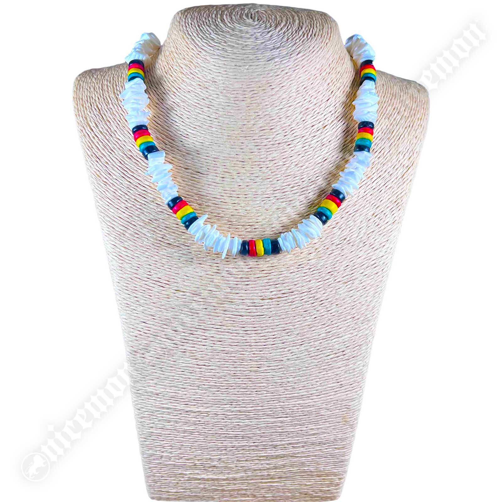 Puka Shell Necklace Rasta Colors Choker Screw Clasp Hawaii Jamaica 18″/46 cm