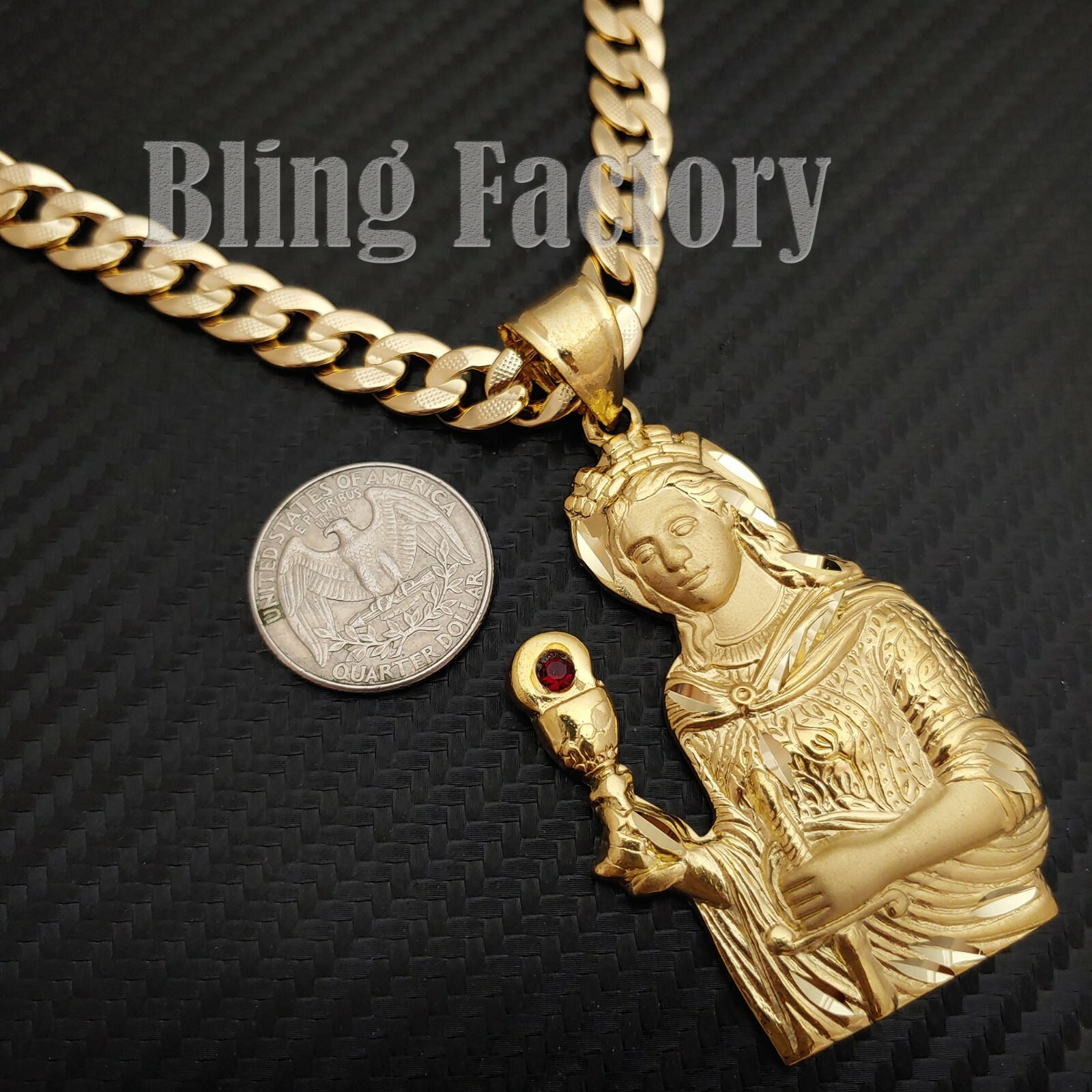 SANTA BARBARA Brass Pendant & 14K Stamped 24″ Miami Cuban Chain Hip Hop Necklace