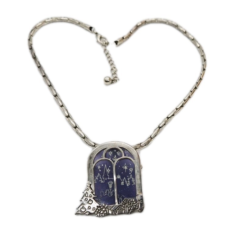 CHRISTMAS Pendant Necklace Brooch Window Scene Silver tone Necklace 20 in