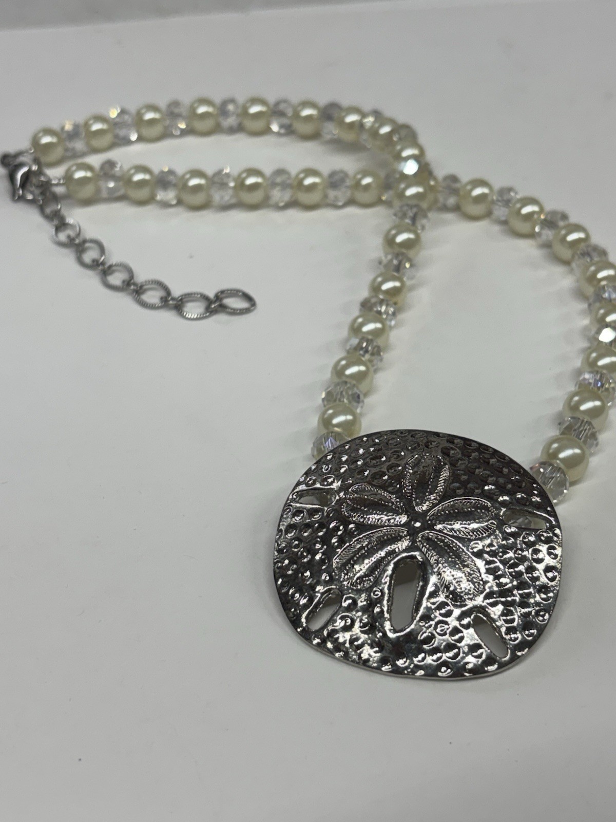 Sand Dollar Silver Necklace 18+3”Pearl Crystal Coastal Sea Life Jewelry NEW