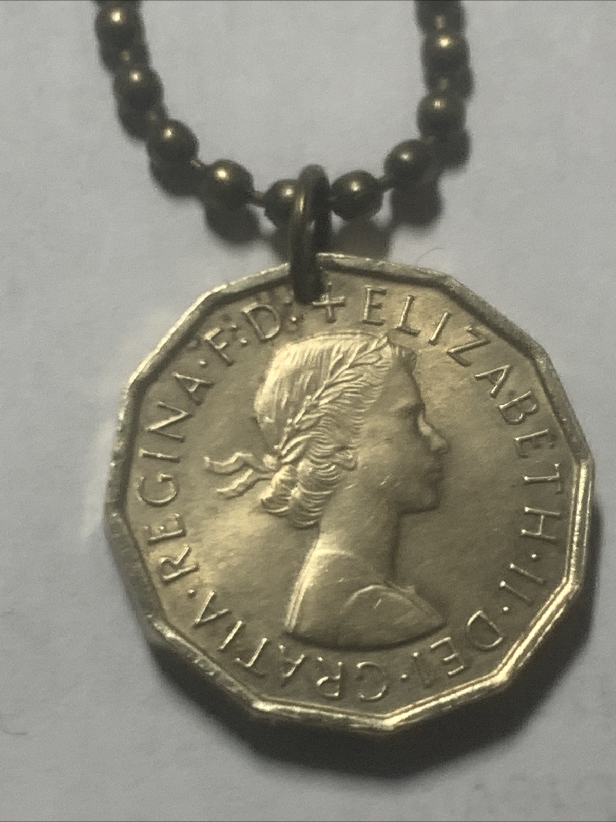 1967 UK 3 Pence Coin Pendant London. Queen Elizabeth 24” Necklace. Great Gift 🎁