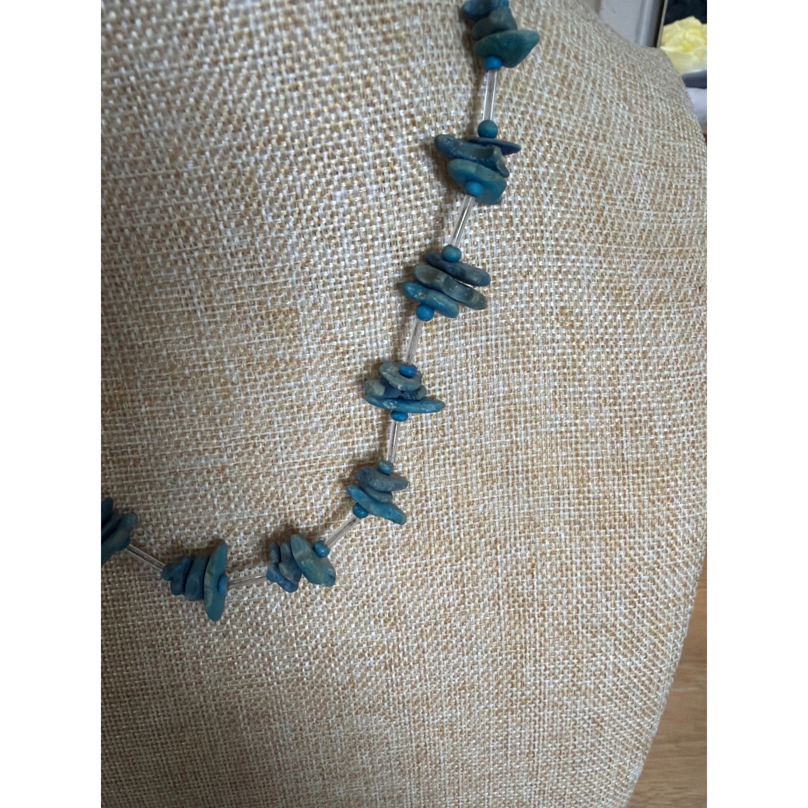 Blue Stone Chip Beaded Necklace Artisan Boho Teal Layering Earth Coastal Nature