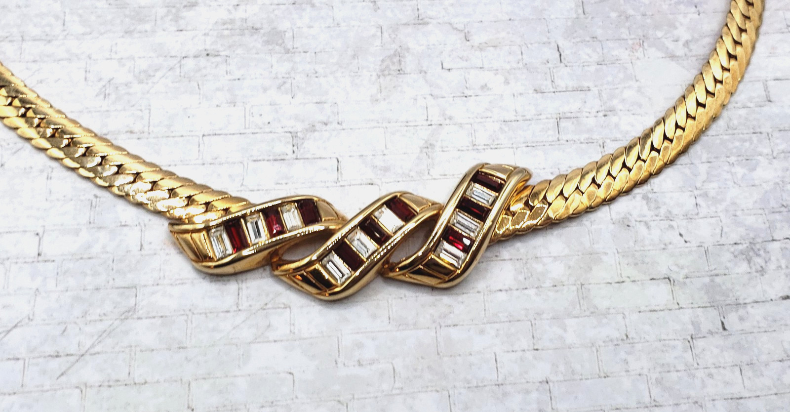 Swarovski SAL Yellow Gold Plate Red & White Colorless Crystal Necklace