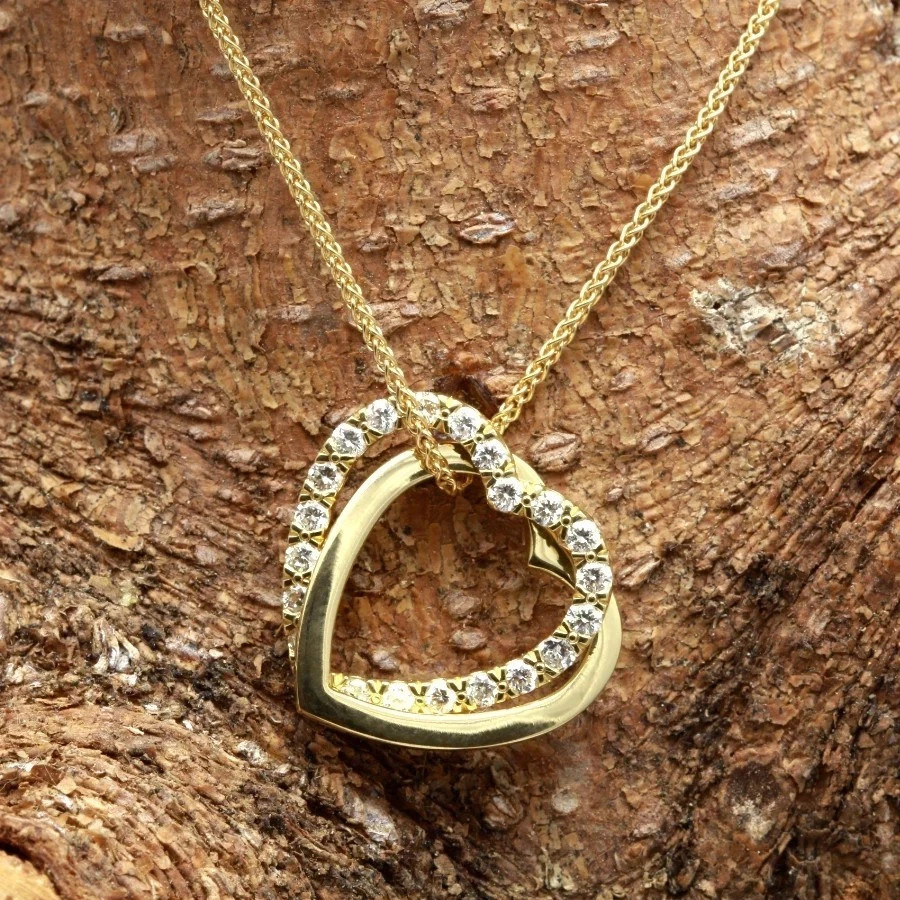 Elegant Heart Pendant Necklace Round Simulated Diamond 14K Yellow Gold Plated