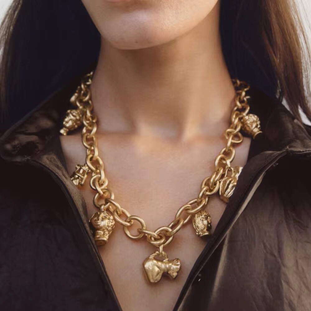 Zara Heavy Antique Style Face And Vase Charm Necklace New