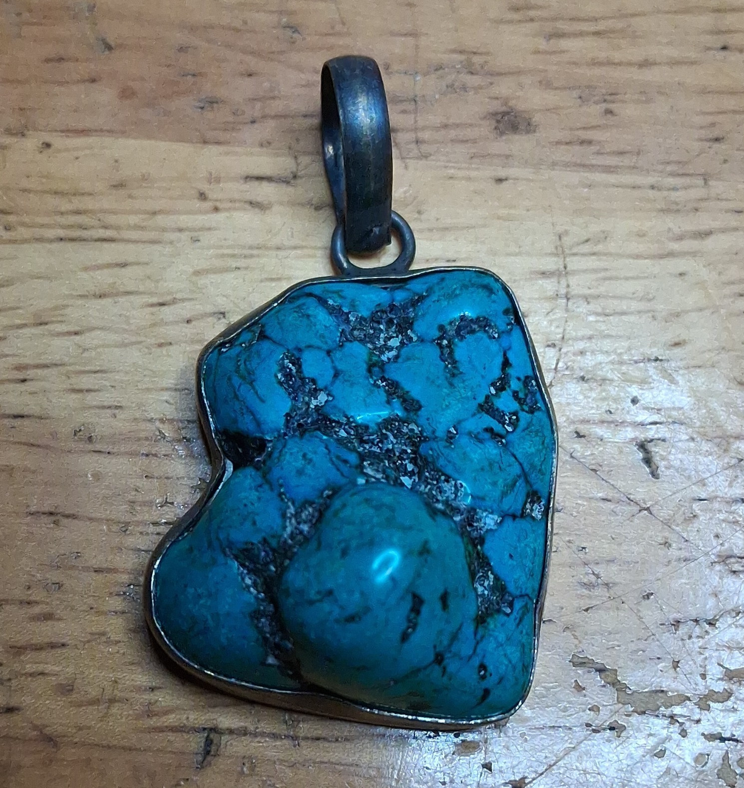 Heavy Turquoise Blue Stone Charm Pendant, Bezel Setting with Bail