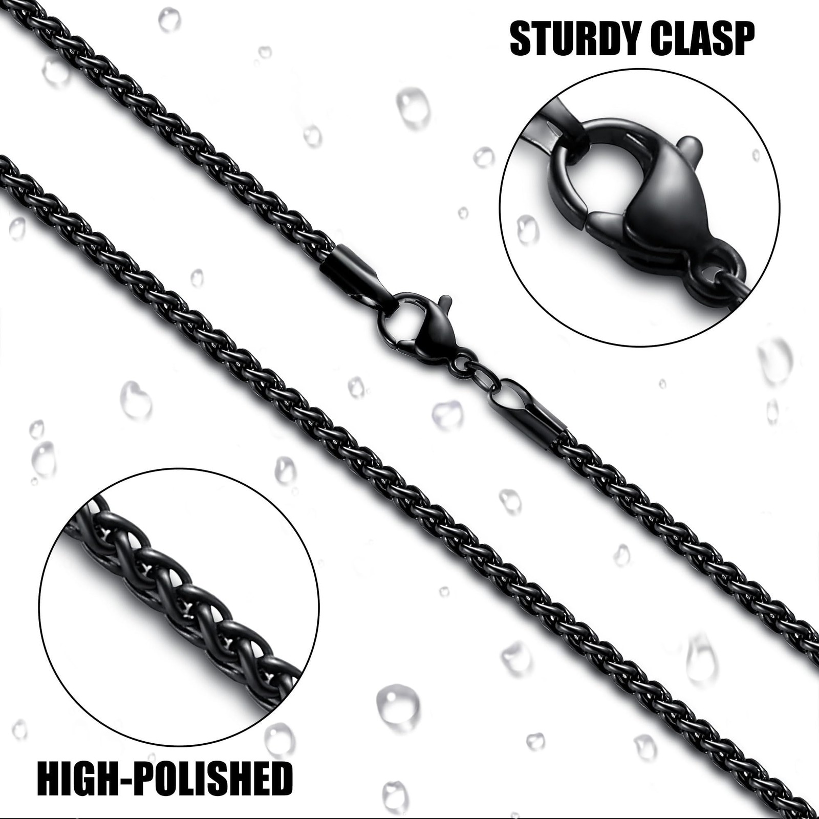 Black Wheat Chains for Men and Women, 2.5mm Stainless Steel Necklace Chains, …
