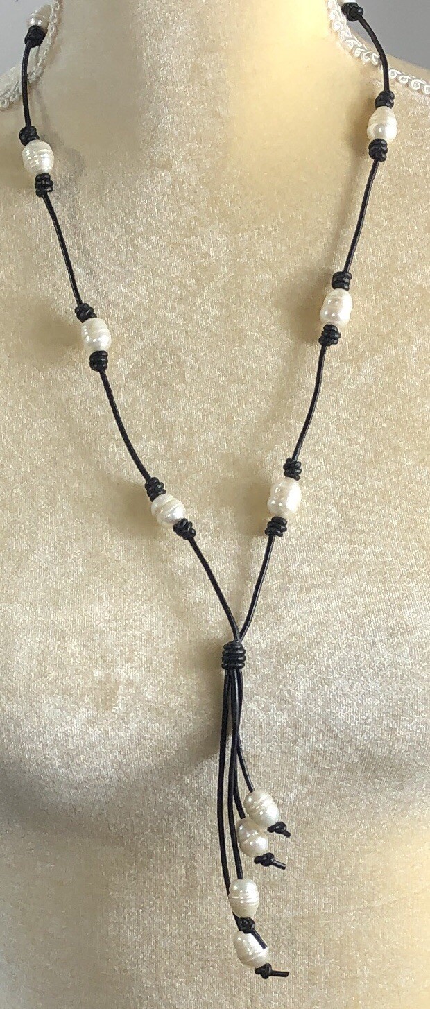 Baroque Pearl Necklace Leather Cord Station Tassel – 26 inch Length