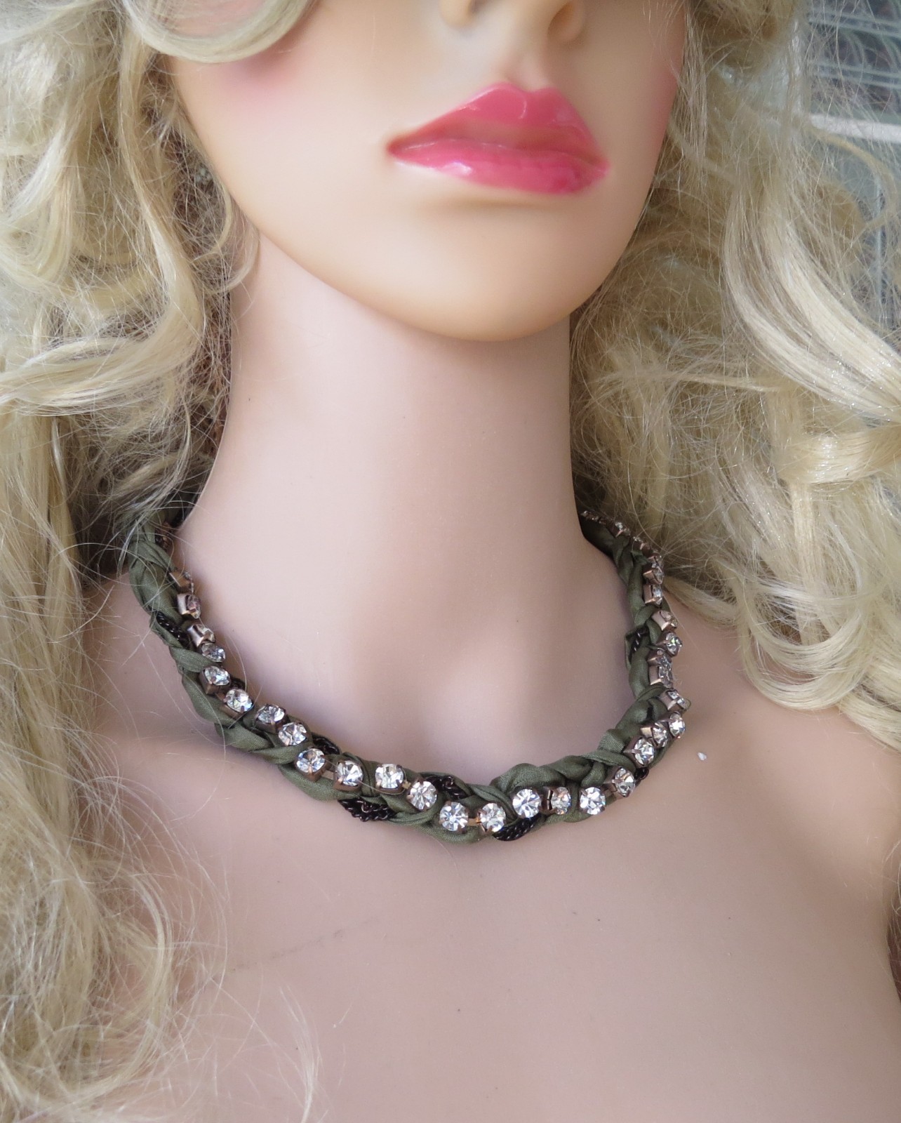 J Crew braided clear rhinestone olive ribbon black bead adjustable dress up/down
