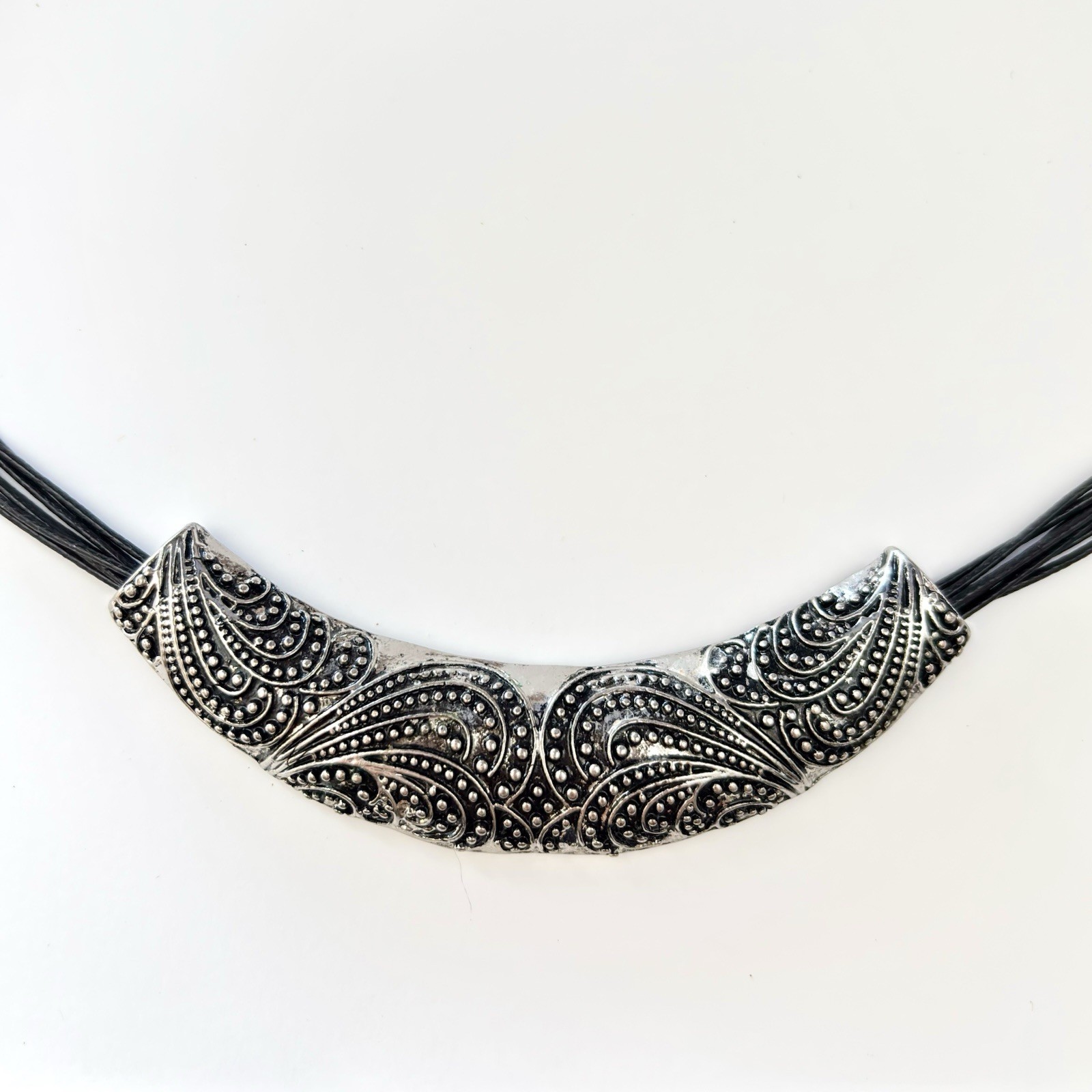 Choker Necklace Adjustable Multi Strand Black Cord Engraved Silver Toned Accent