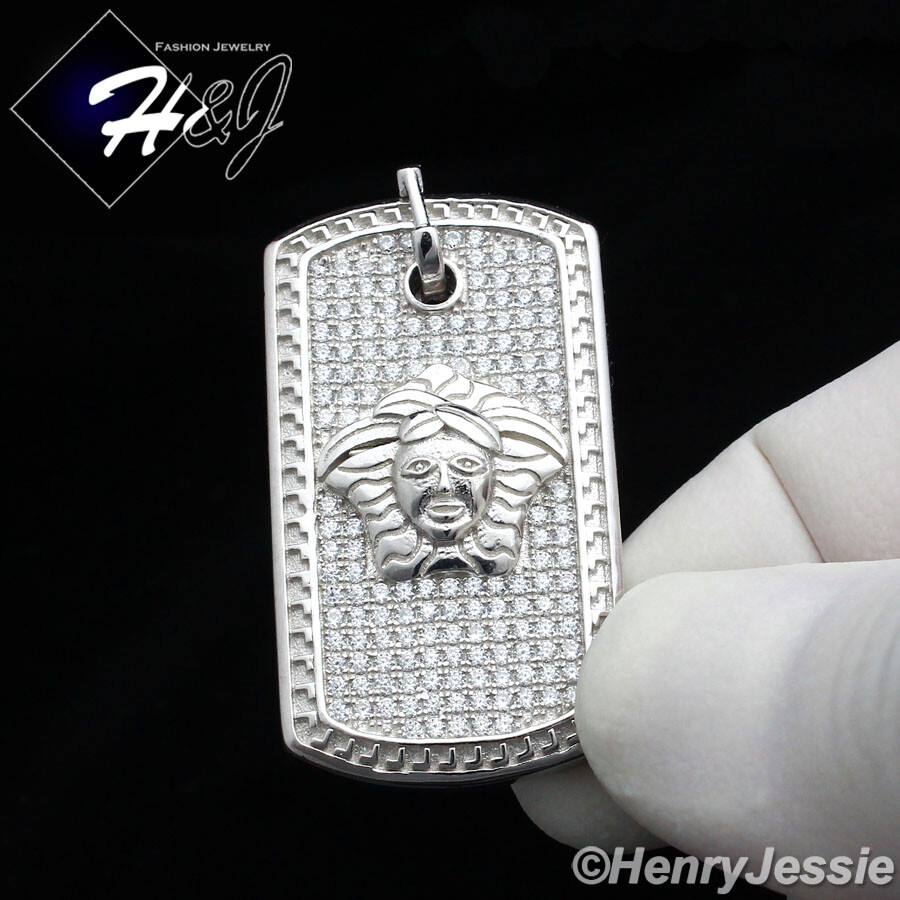MEN 925 STERLING SILVER ICY BLING CUBIC ZIRCONIA HEAD DOG TAG PENDANT*SP112