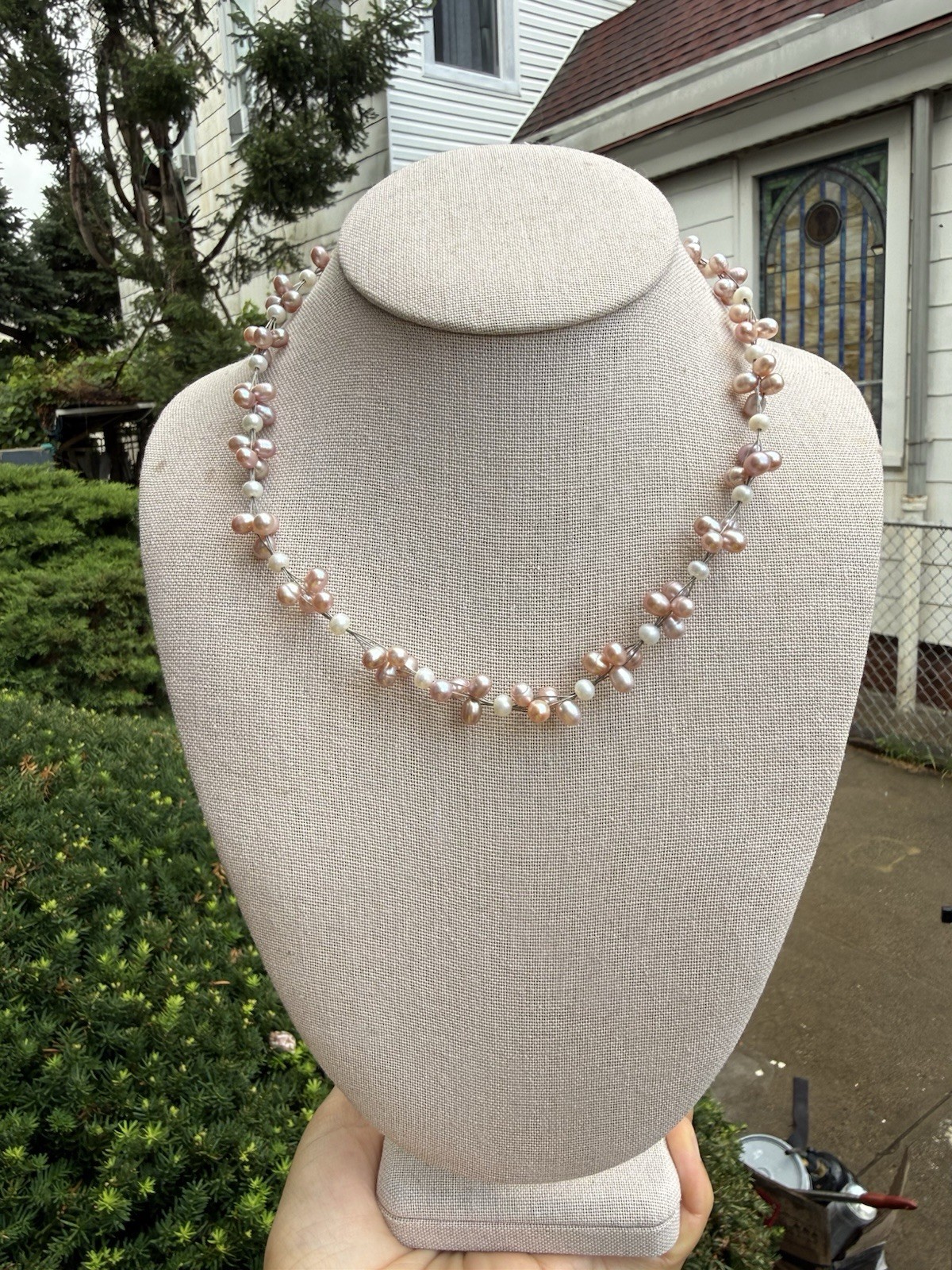 ⁠Pink FreshwaterPearl Floating Wire Choker Cluster MultiStrand Illusion Necklace
