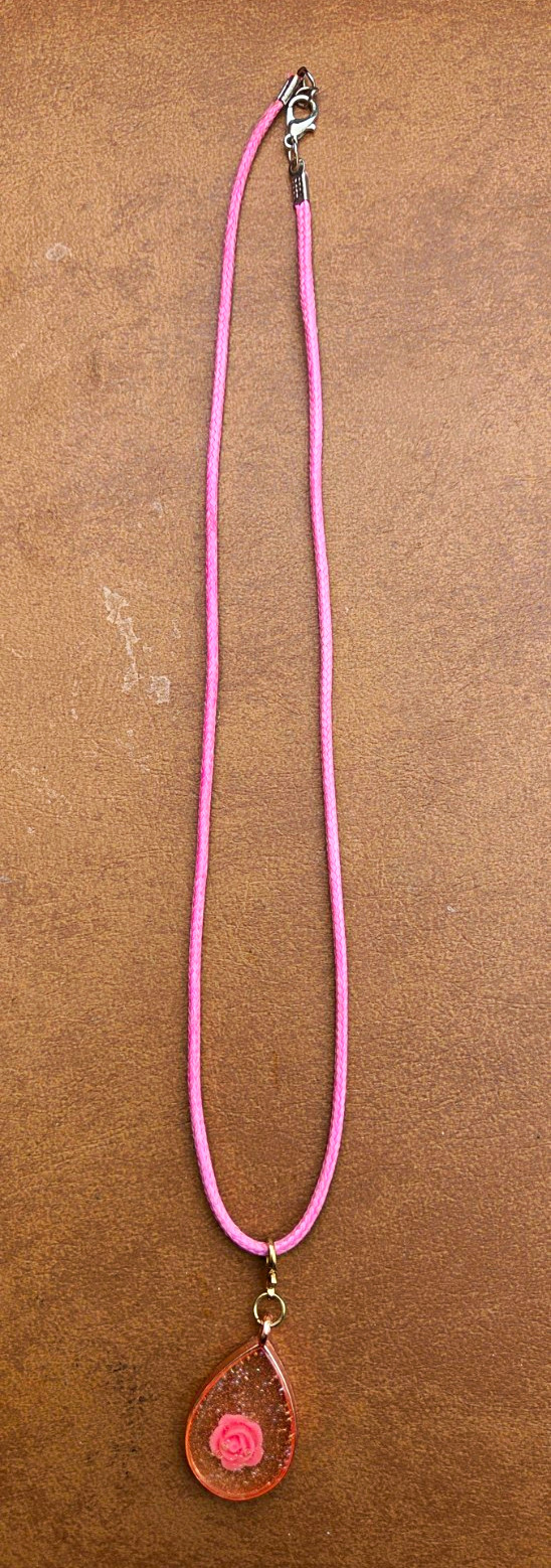 Homemade Pink Cord Necklace Teardrop Resin Flower Charm Pendant, Lobster Clasp