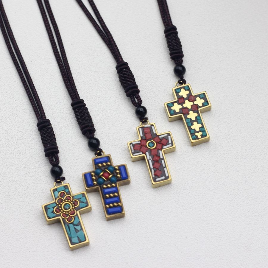 Himalayan Nepal Handmade Brass Cross Pendant Artisan Crafted With Decorative