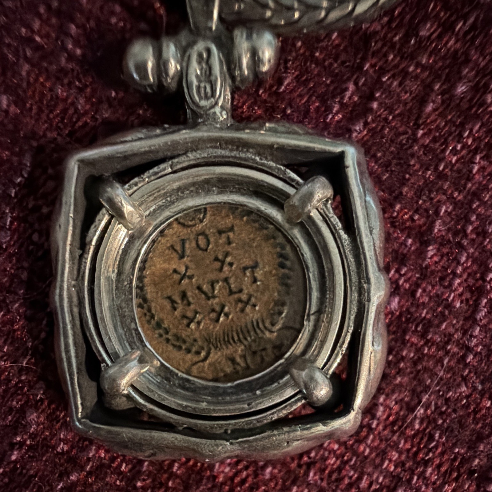 Reversible Signed Silver Coin Pendant Necklace Square Charm Snake Chain