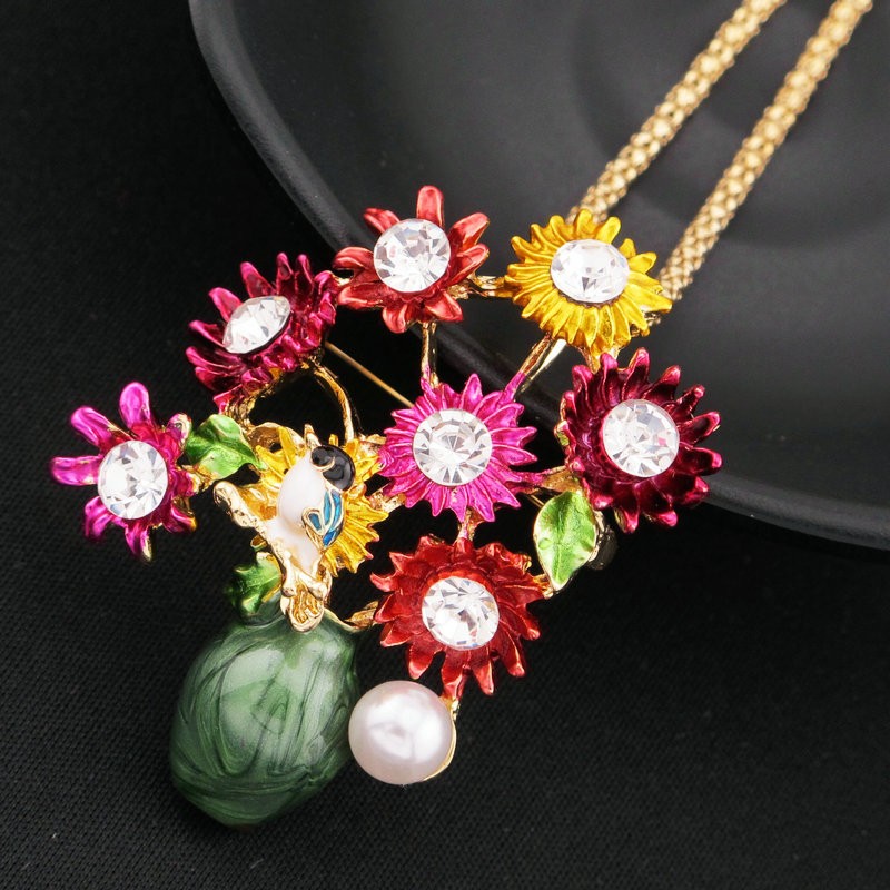 Fashion Women Colorful Enamel Cute Flower Vase Crystal Pendant Necklace