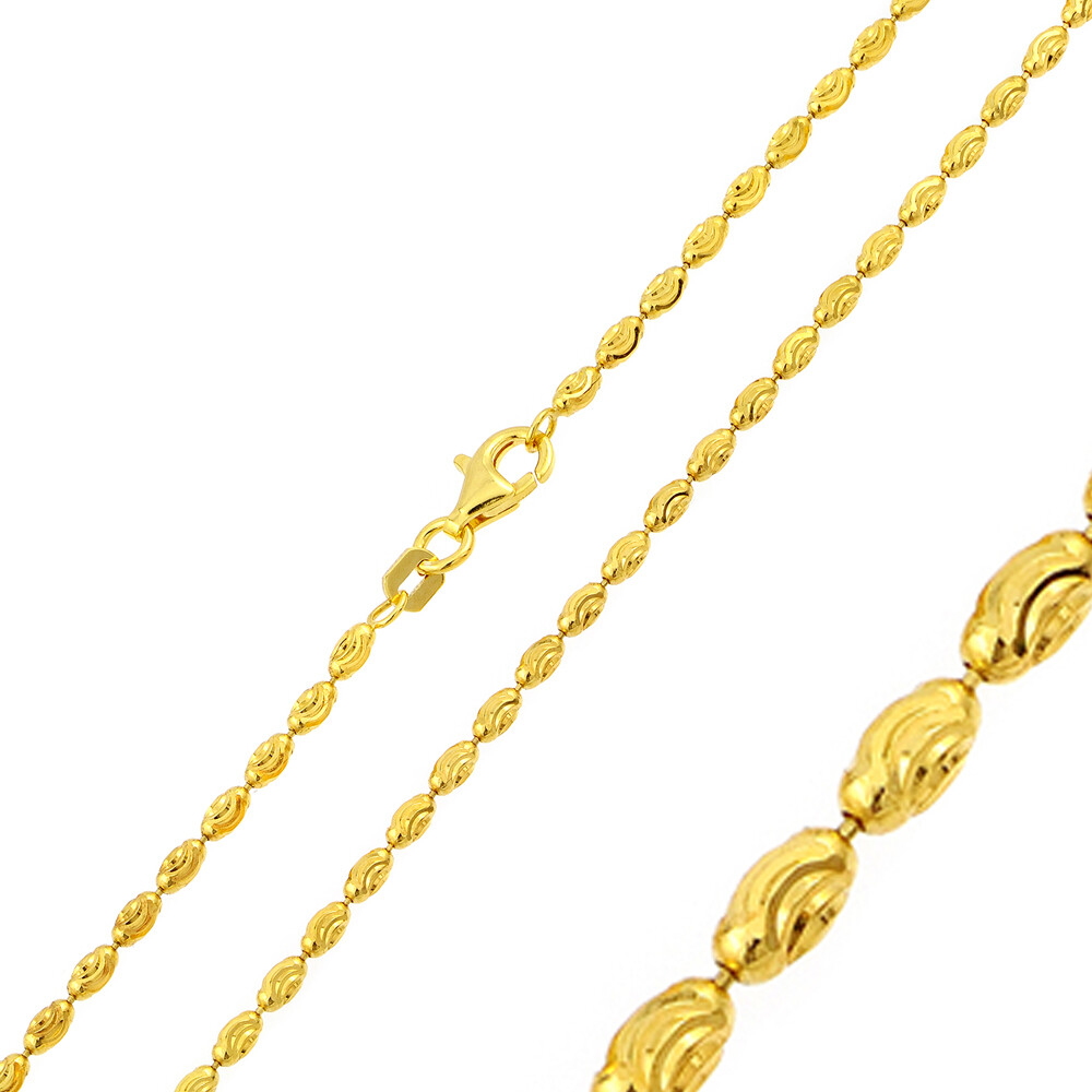 Sterling Silver 2.2mm Yellow Gold Plated Oval Curved DC Bead Ball Chain Necklace