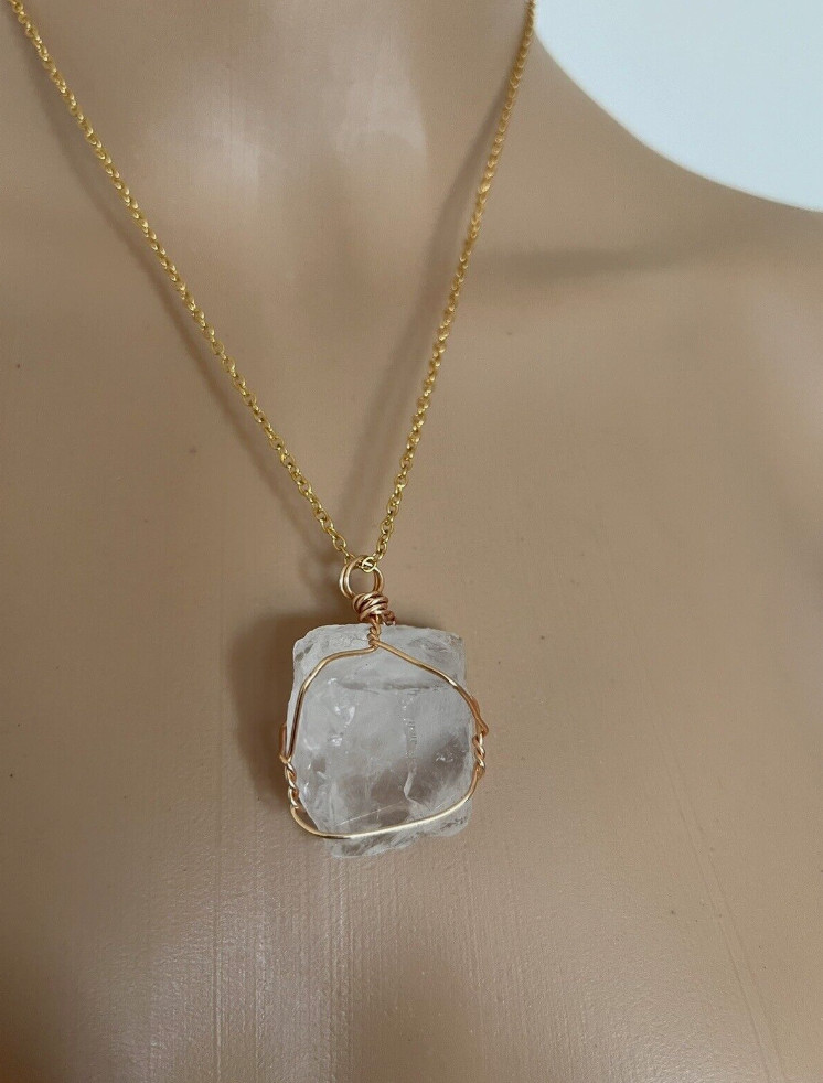 Clear Quartz Energy Healing Crystal Gold-Tone Wire Wrapped Pendant Necklace