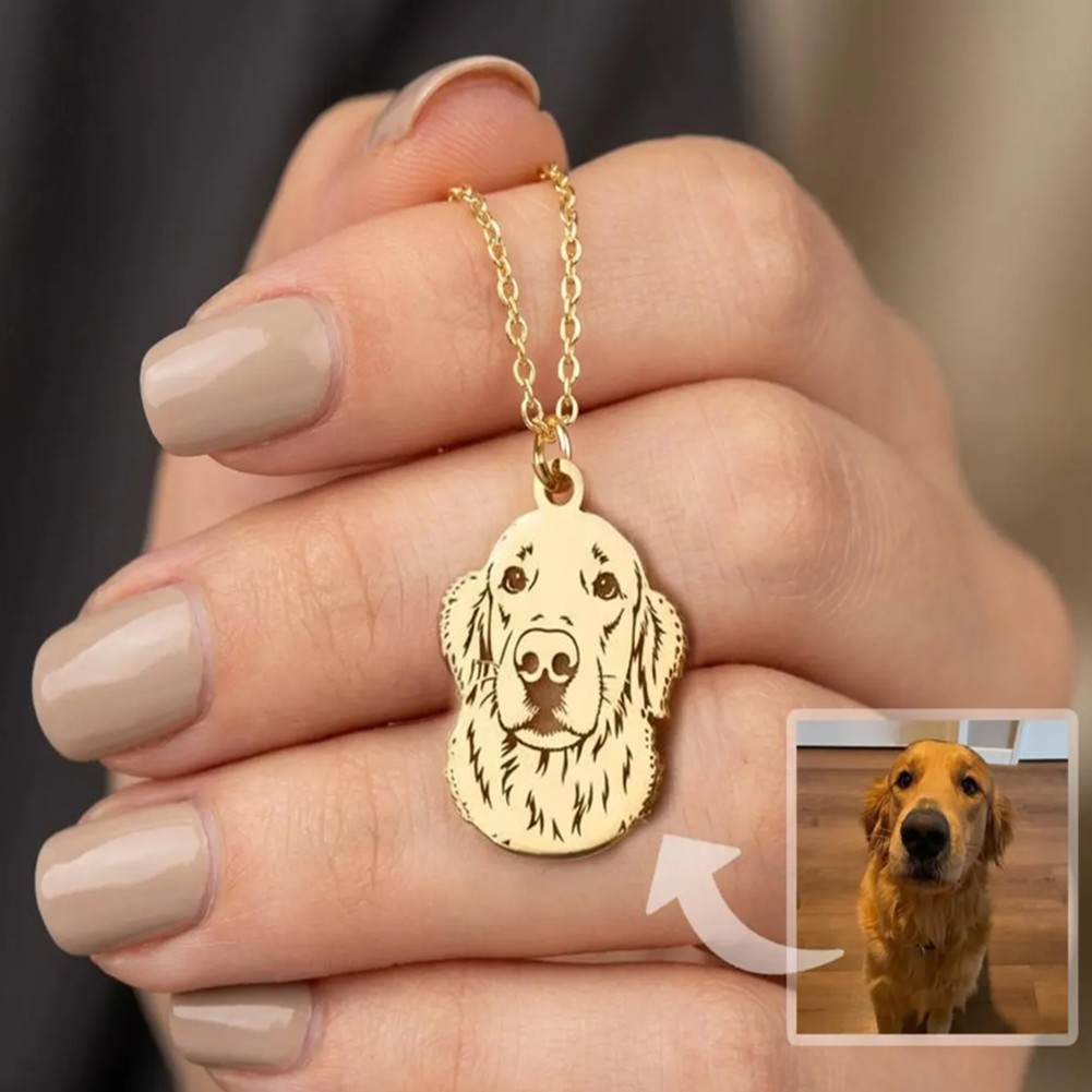 Custom Pet Portrait Necklace with Engraved Dog Photo Jewelry Gift for Pet Lovers