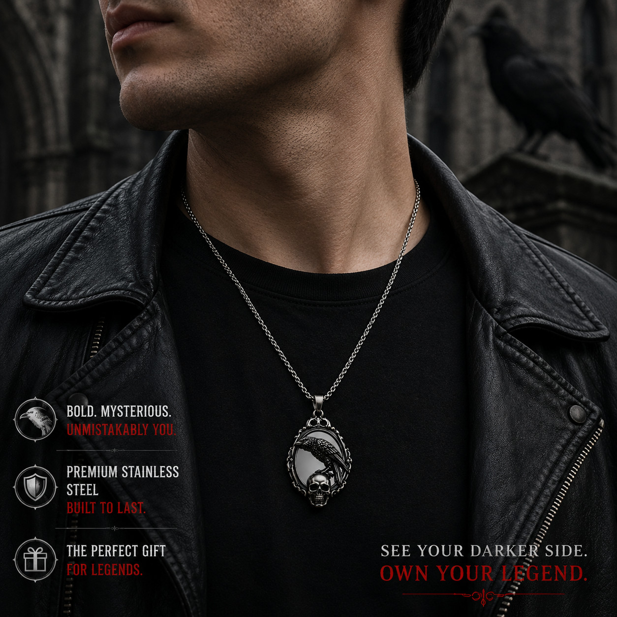 Men’s Gothic Raven Skull Mirror Necklace Antique Silver Pendant Chain Biker Gift