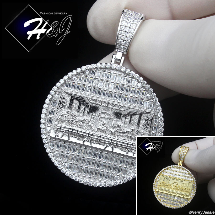 MEN 925 STERLING SILVER ICY CZ GOLD PLATED/SILVER LAST SUPPER ROUND PENDANT*P485