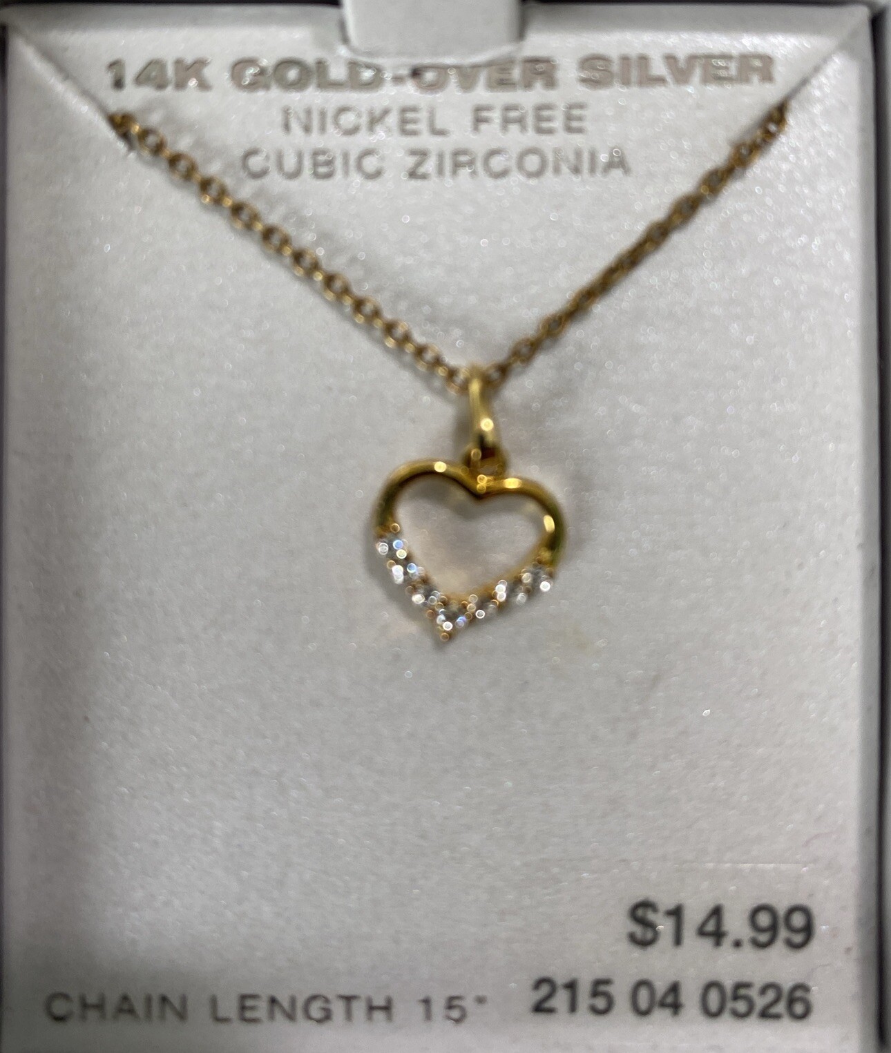 14K Gold-Over Silver Nickel Free Cubic Zirconia Heart Necklace ~Valentine’s Day