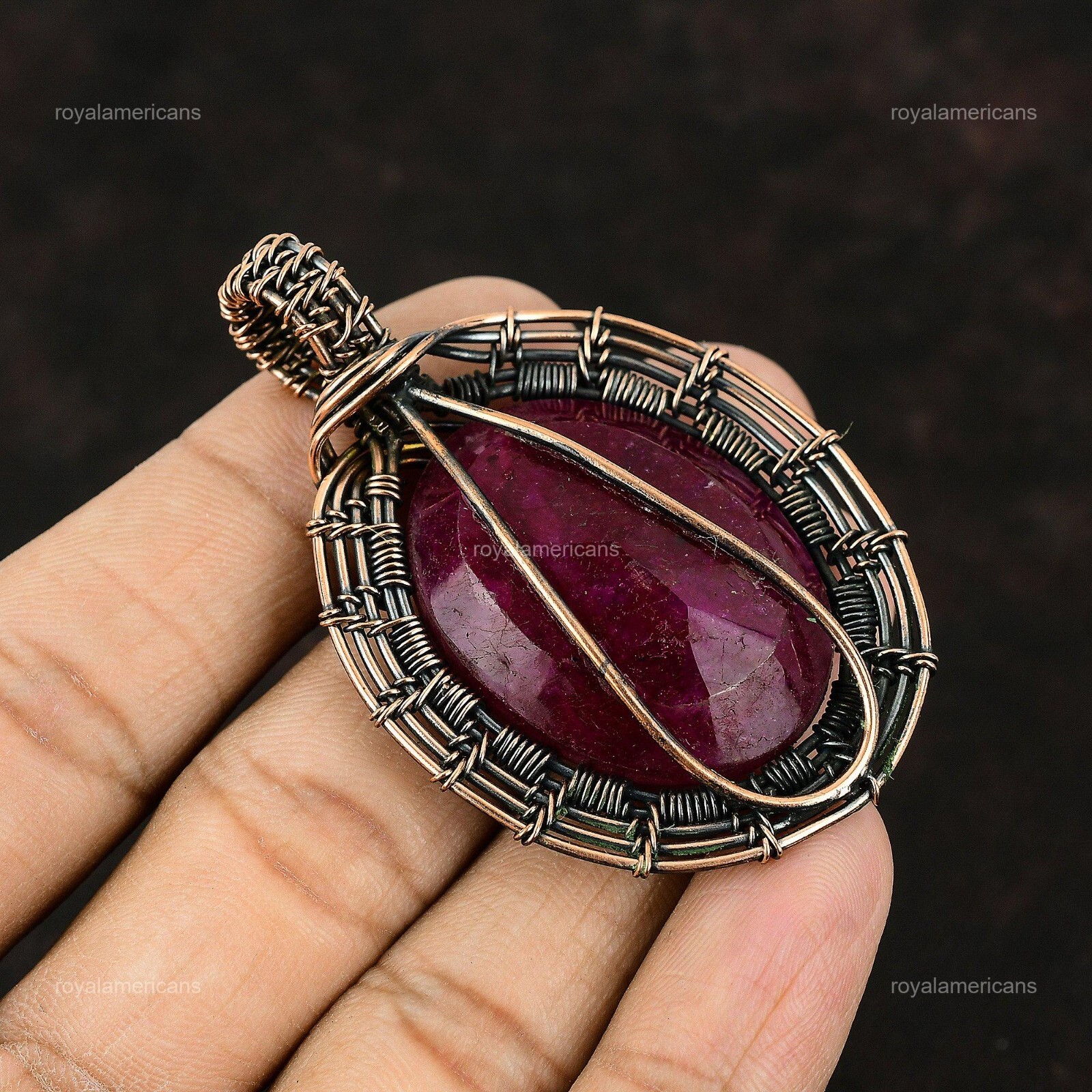 Kashmir Rubi Gemstone Wire Wrapped Pendant Handcrafted Copper Jewelry 2.52″