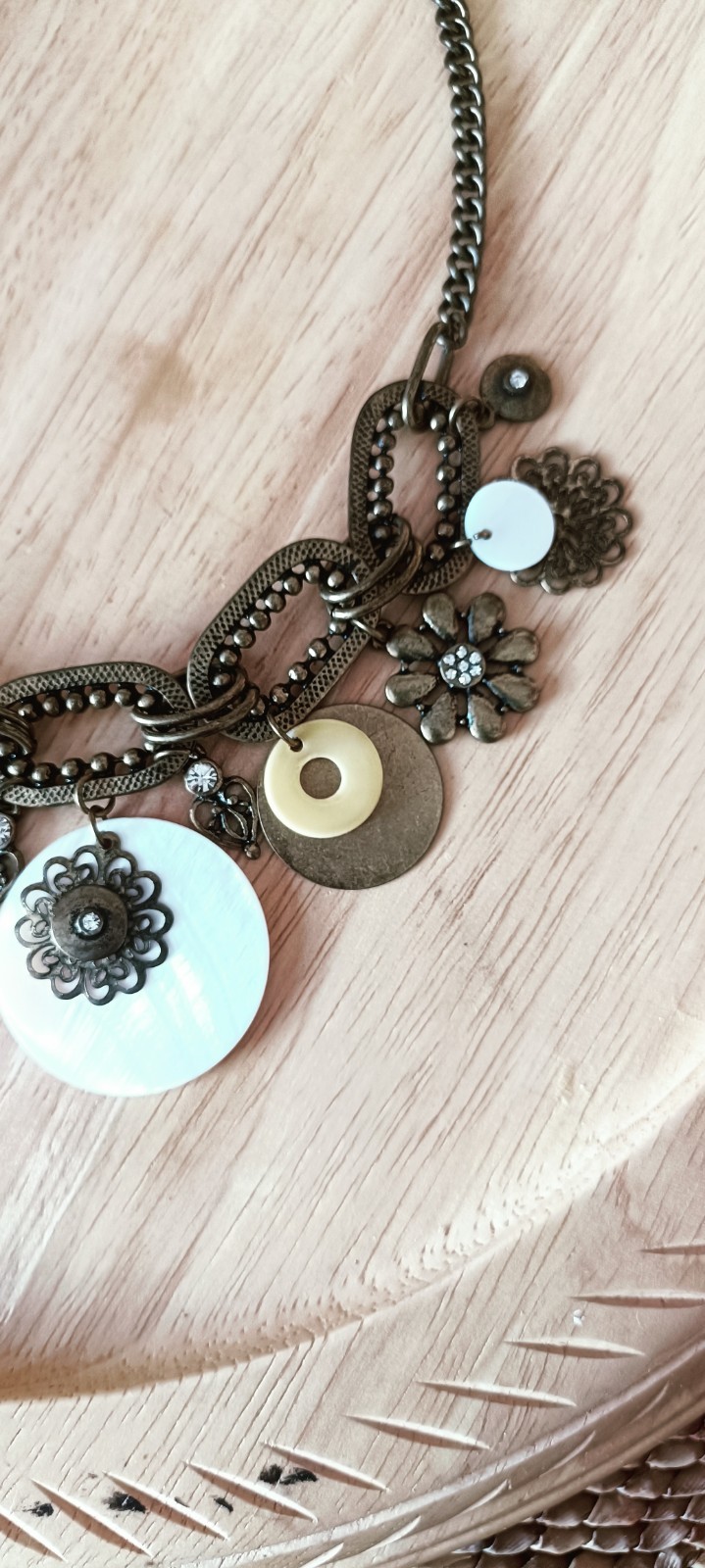 Vintage Boho Brass Charm Statement Necklace Mother of Pearl Floral Mixed Metal