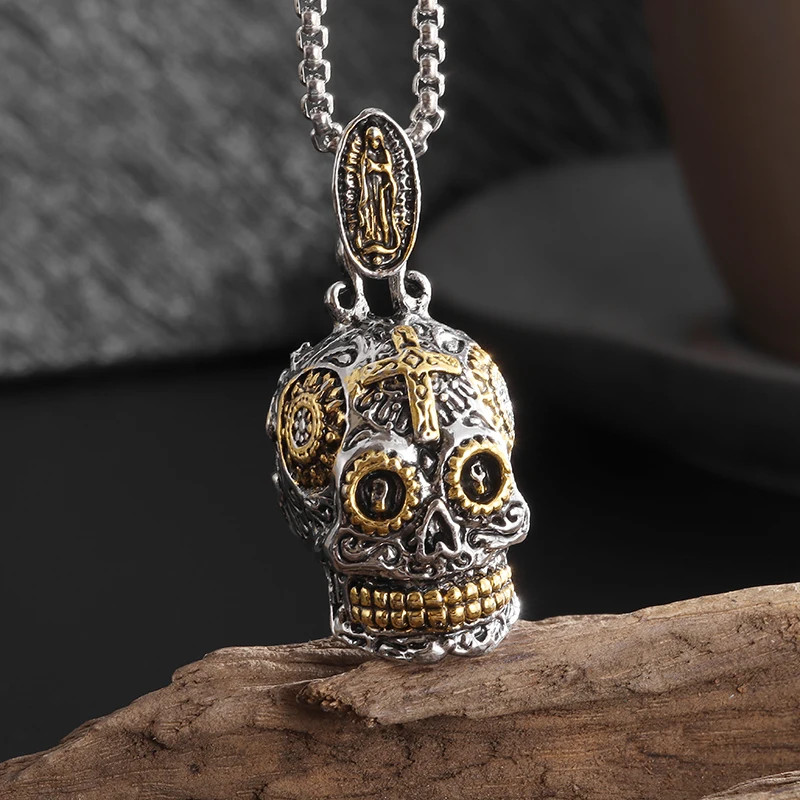 New Men’s Fashion Jewelry Skull Cross Day Calavera Of The Dead Pendant Necklace