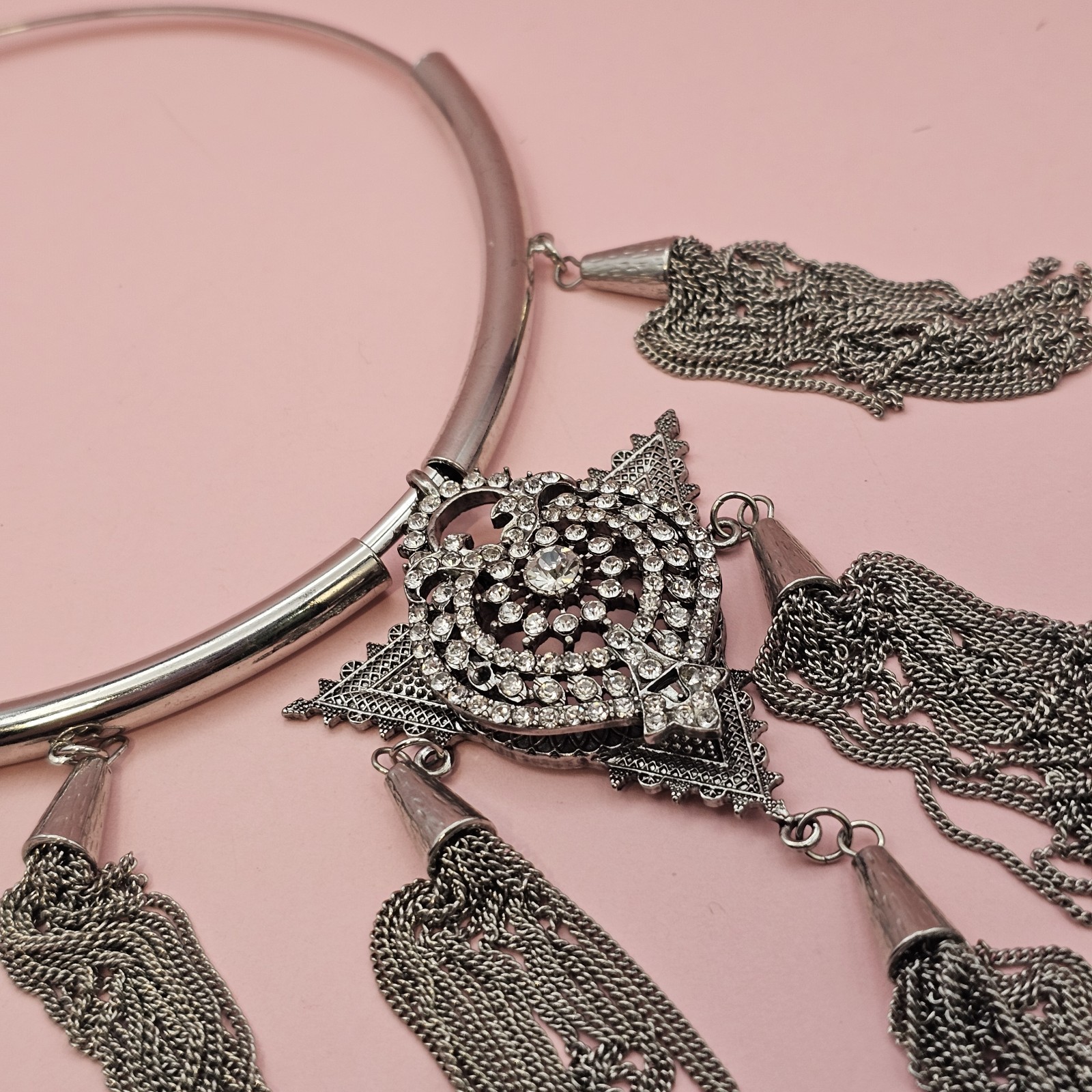 Designer Statement Necklace Silver tone Crystal Medallion Tassel Gypsy