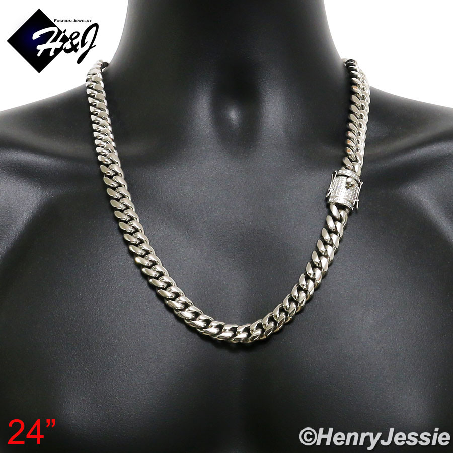18″-40″MEN Stainless Steel 14mm Silver ICY CZ Miami Cuban Curb Link Necklace*158