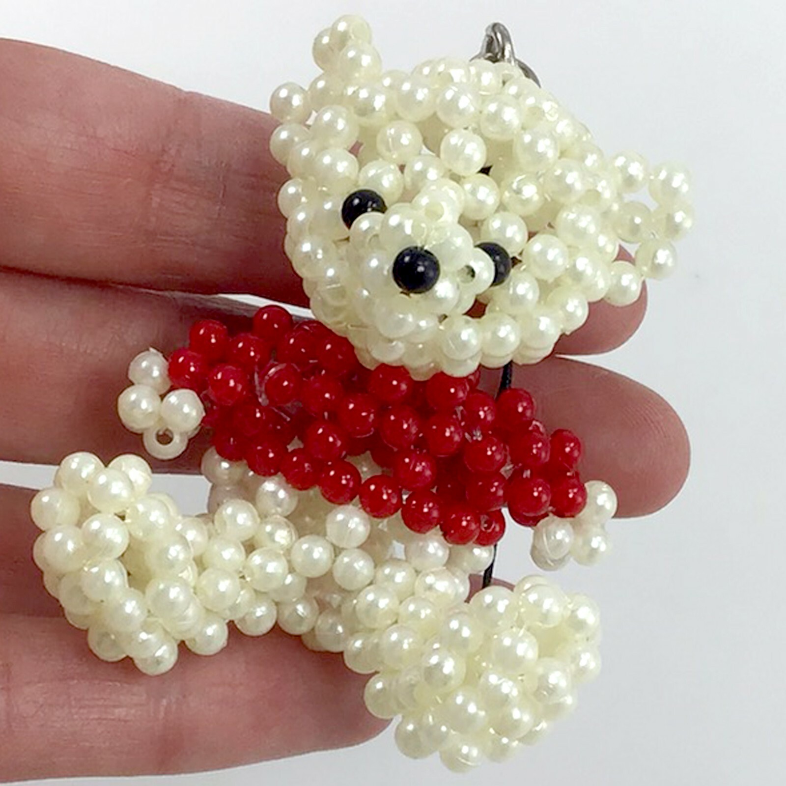 Teddy Bear Charm White Glass Pearl Hand-crocheted 55mm Cream Key Chain Decor