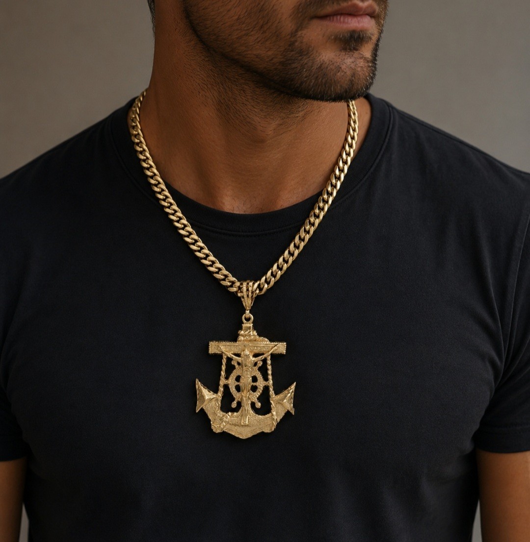 Large Gold Anchor Jesus Necklace 10mm Cuban Chain 14K Heavy Plated Gold