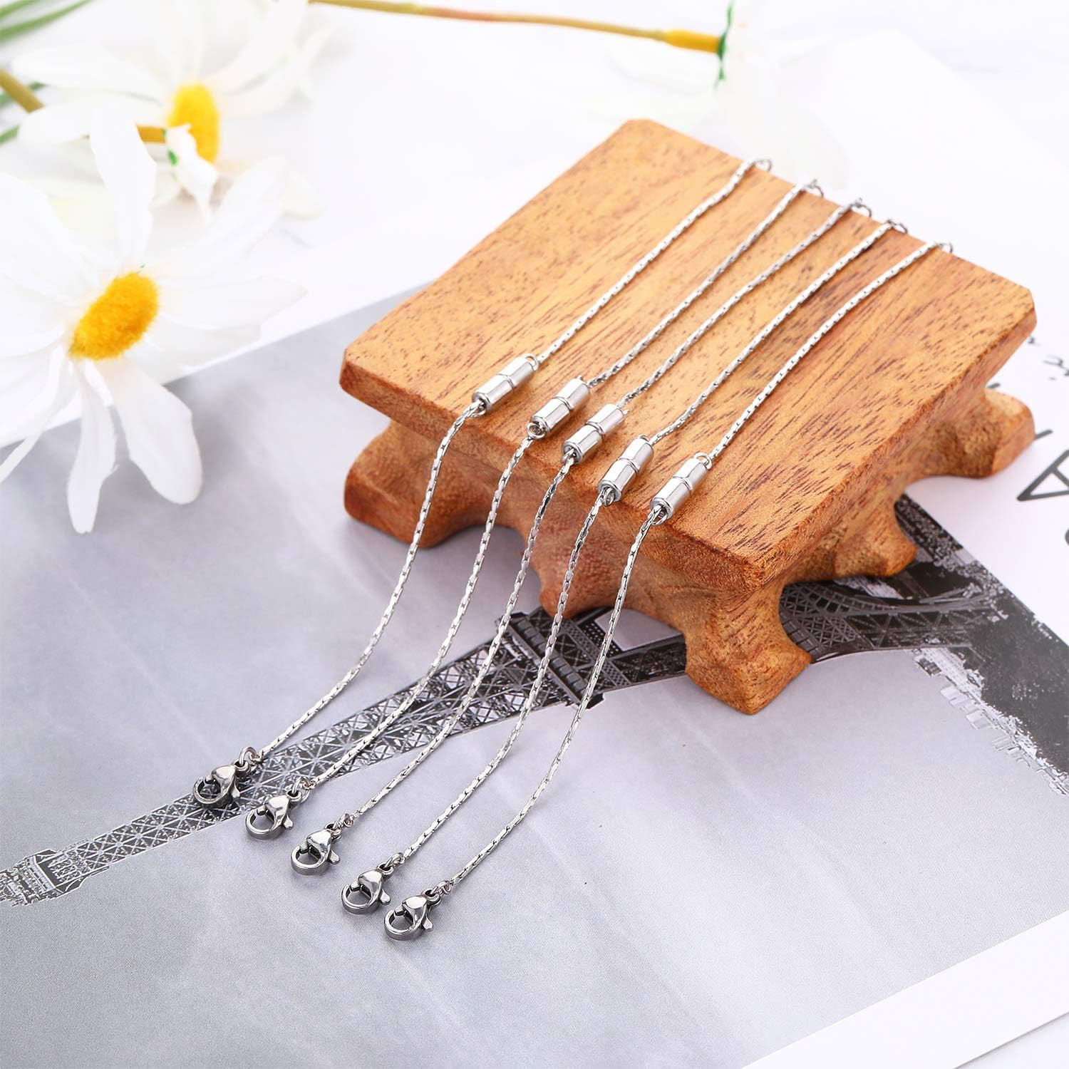Hicarer 5 Pcs Stainless Steel Necklace Extender Chain Adjustable Silver Necklace