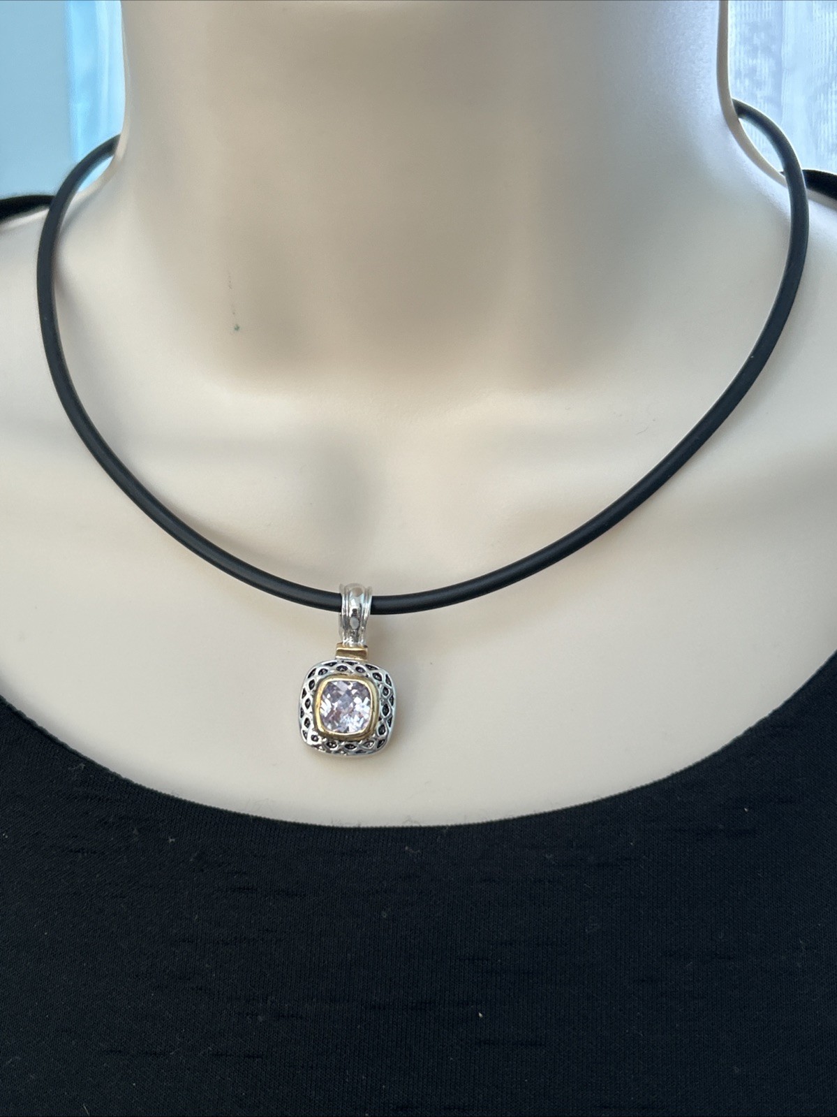 Gold And Silver Tone Square Pink Lab Diamond Pendant Necklace On Black Cord 16”
