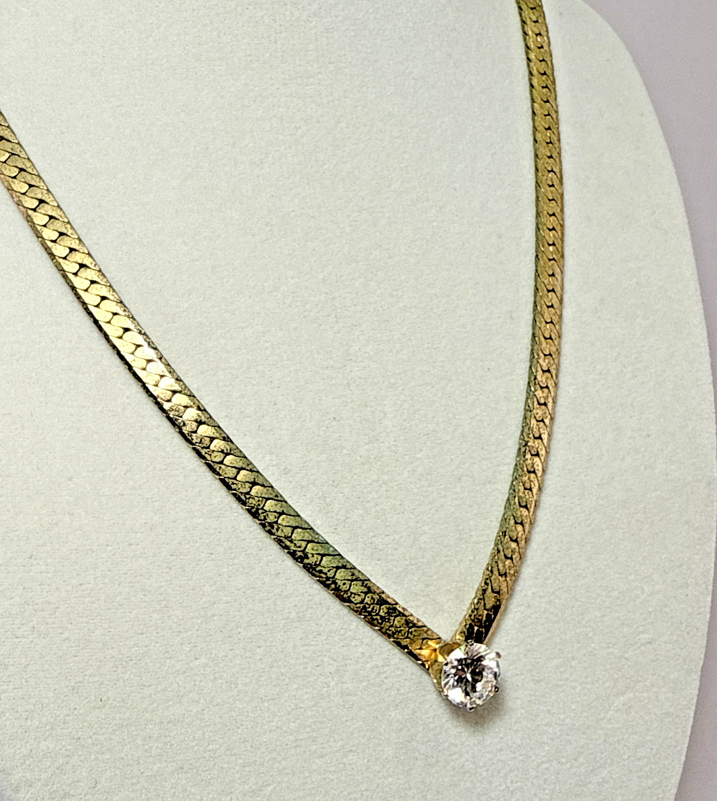 Vintage Gold Tone Flat Herringbone Chain Cubic Zirconia Solitaire Choker