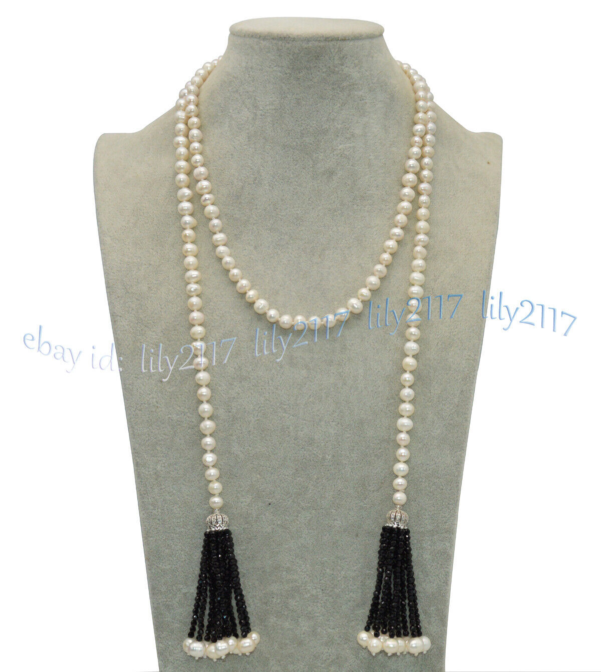 7-8mm Natural White Freshwater Pearl Black Spinel Tassel Pendant Scarf Necklace