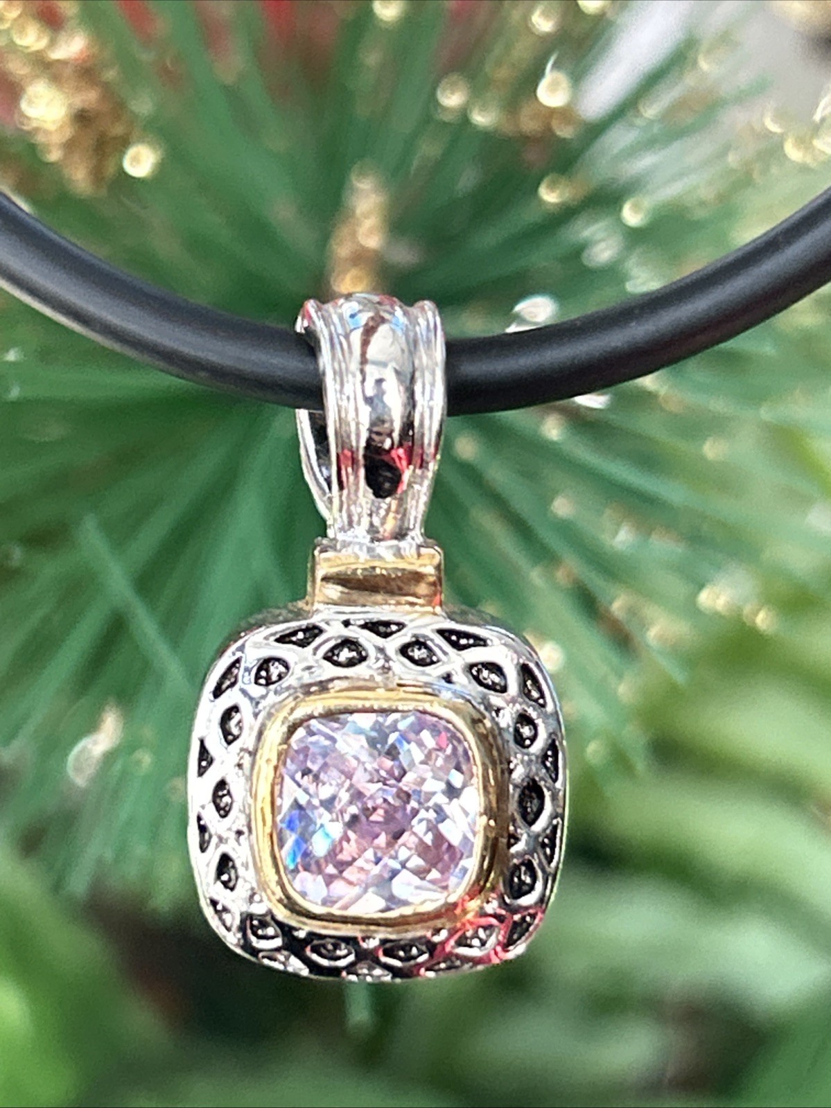 Gold And Silver Tone Square Pink Lab Diamond Pendant Necklace On Black Cord 16”