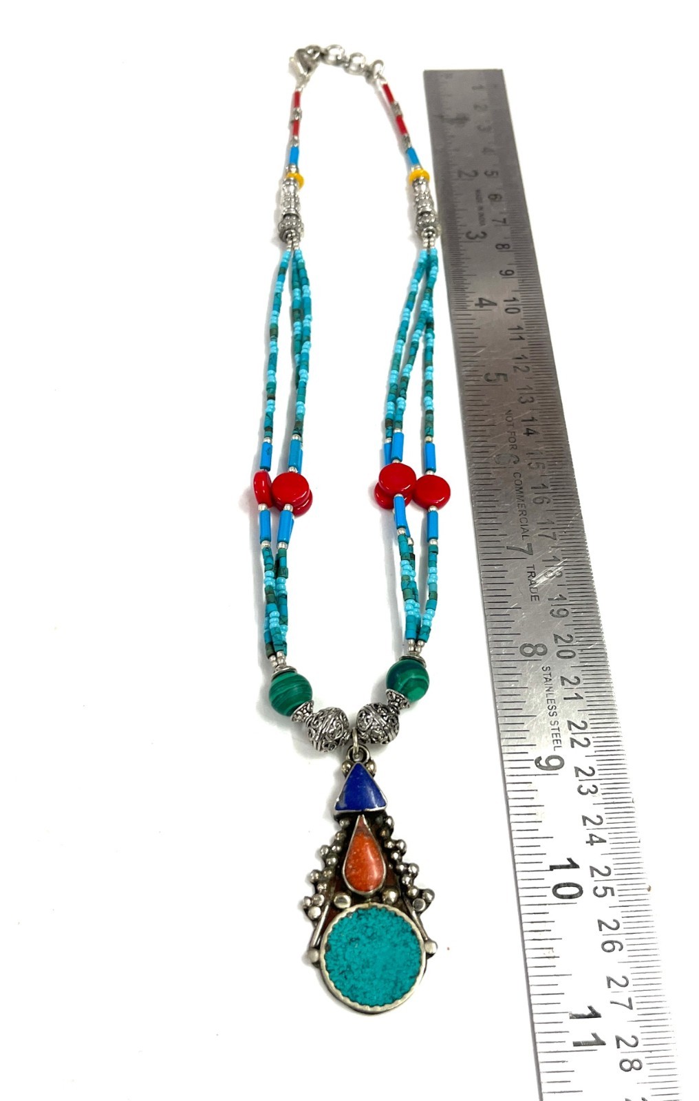 Ethnic Turquoise Lapis Gemstone Tibetan Pendant Necklace Jewelry, 17 Inch Adjust