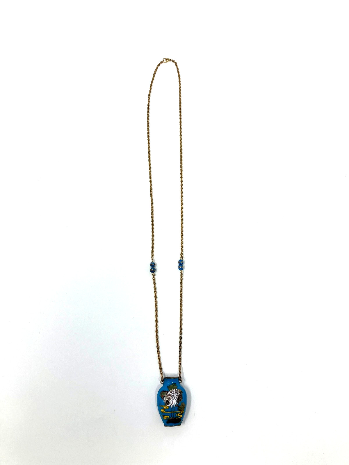Vintage Cloisonne Blue Vase Crane Bird 1/20 12KT gold filled Chain 24″ Necklace