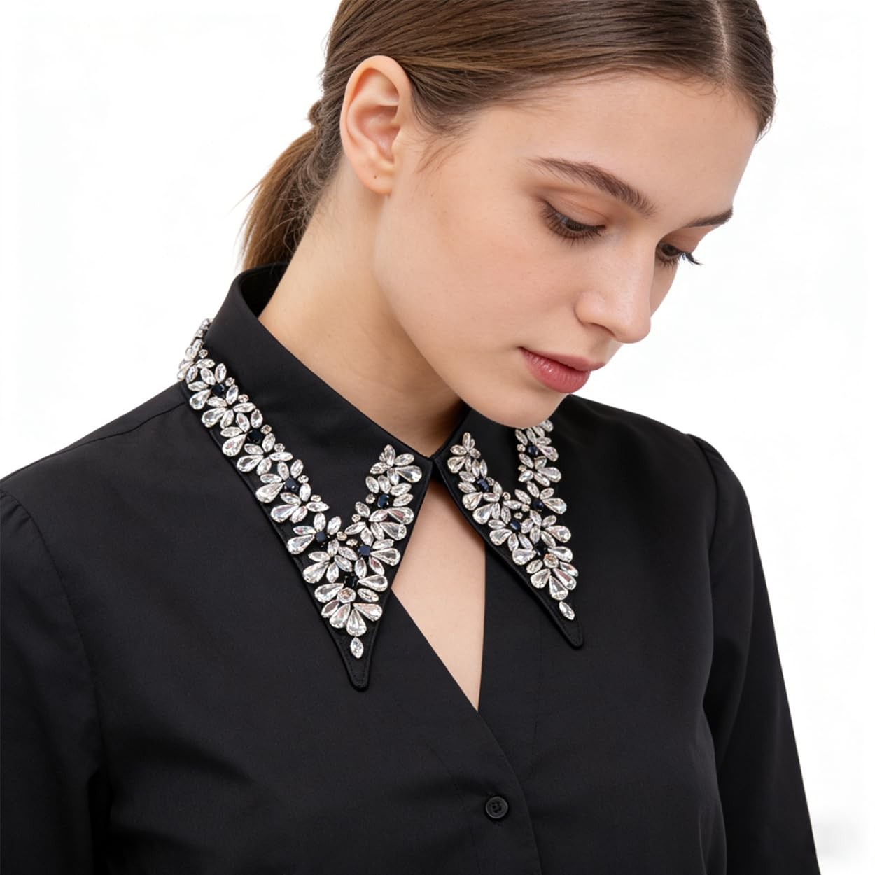 2Pcs Rhinestone Detachable Collar Set Elegant Hand Sewn Crystal Fake Collar H…
