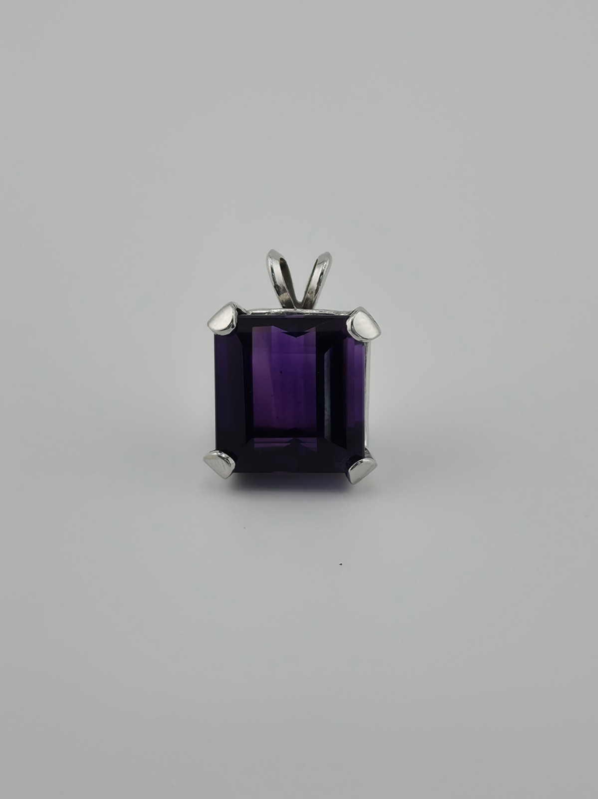 14K SOLID White Gold, Large Amethyst, Emerald Cut, Square 12x11mm Pendant