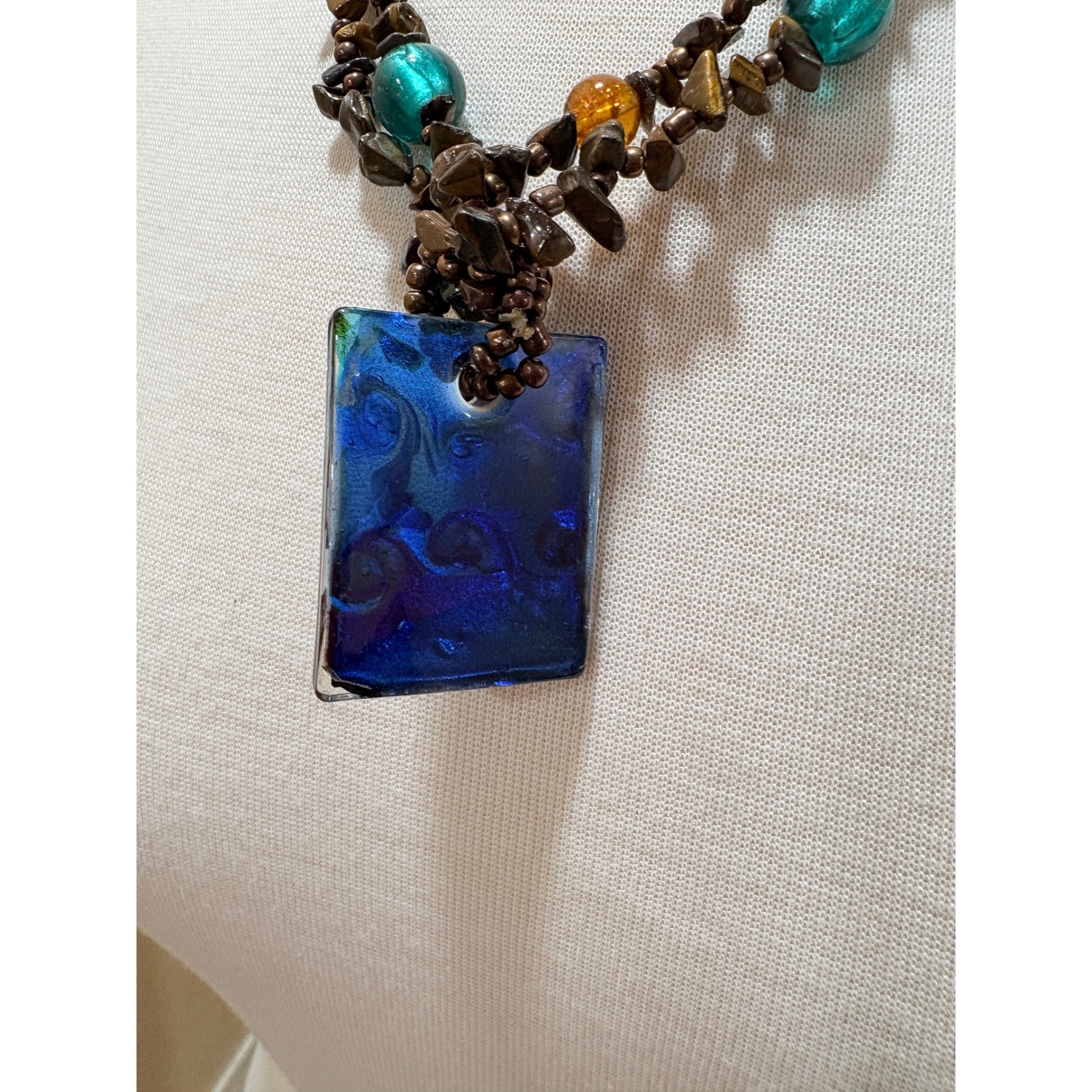 Bohemian Glass Pendant Necklace Stone Beads Colorful Abstract Art Jewelry 15in